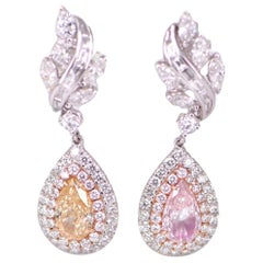 GIA Certified 1.01 Carat Pink and 1.07 Carat Yellow Diamond Drop Earrings