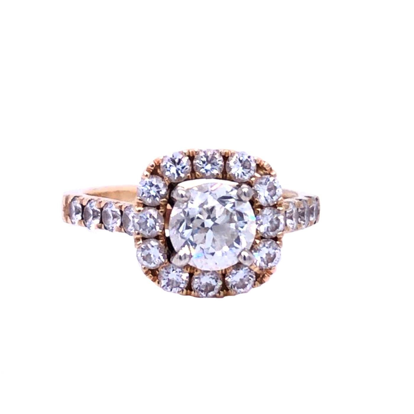 Classic Pave Gold Diamond ring 1.01 Carat center Round cut diamond Certified by Gia as I - Color, Si1 Clarity, accented by pave Round Diamonds, Totaling 0.65 carat G color, VS1 - Clarity, The ring weighs 4.3 grams of 14Karat Gold, and is currently