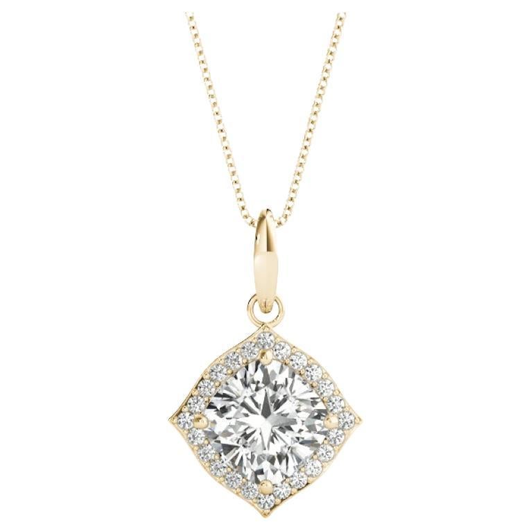 GIA Certified 1.01 Carat Round Diamond Kite Halo Gold Pendant Necklace