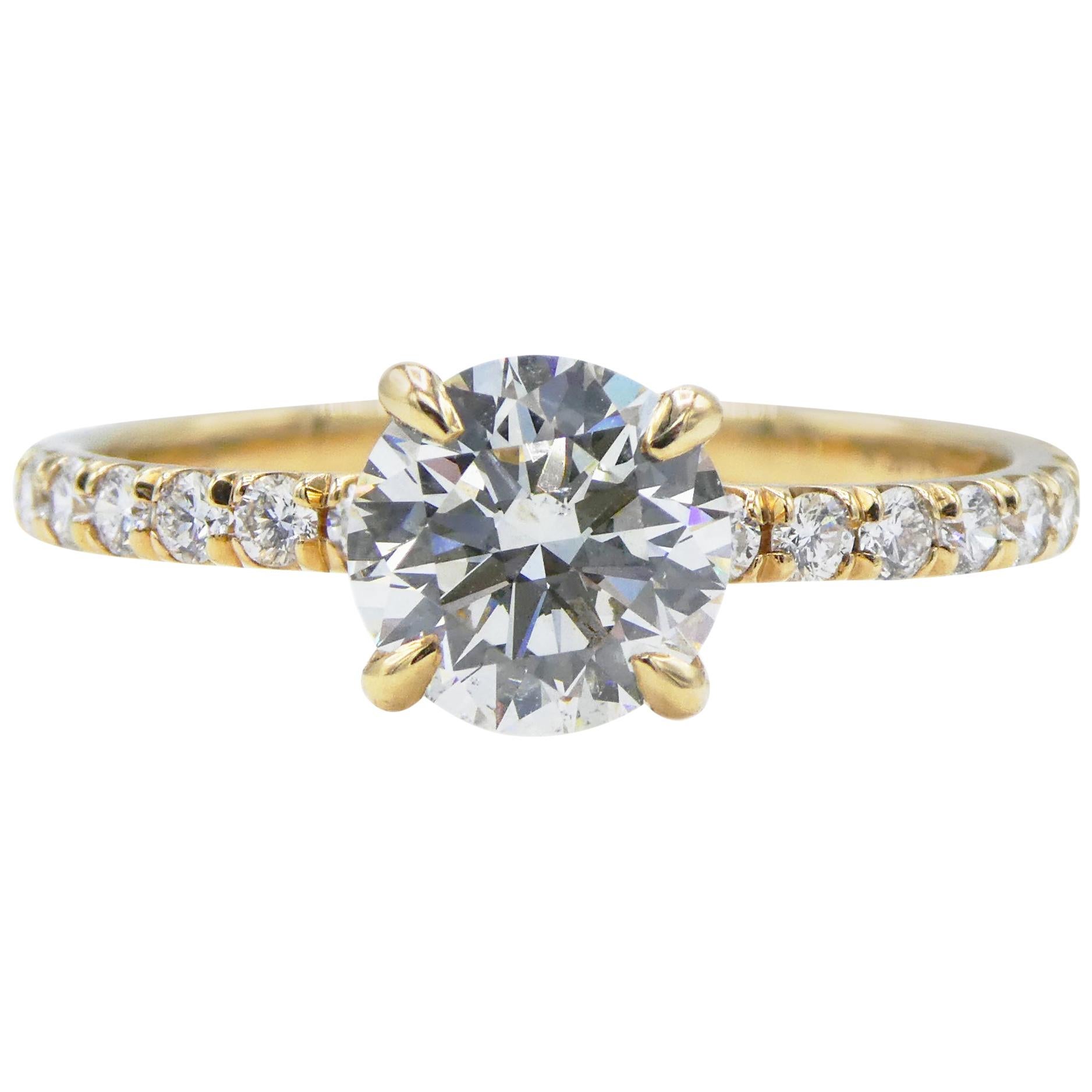 GIA Certified 1.01 Carat Round Diamond Pave 14 Karat Yellow Gold Engagement Ring