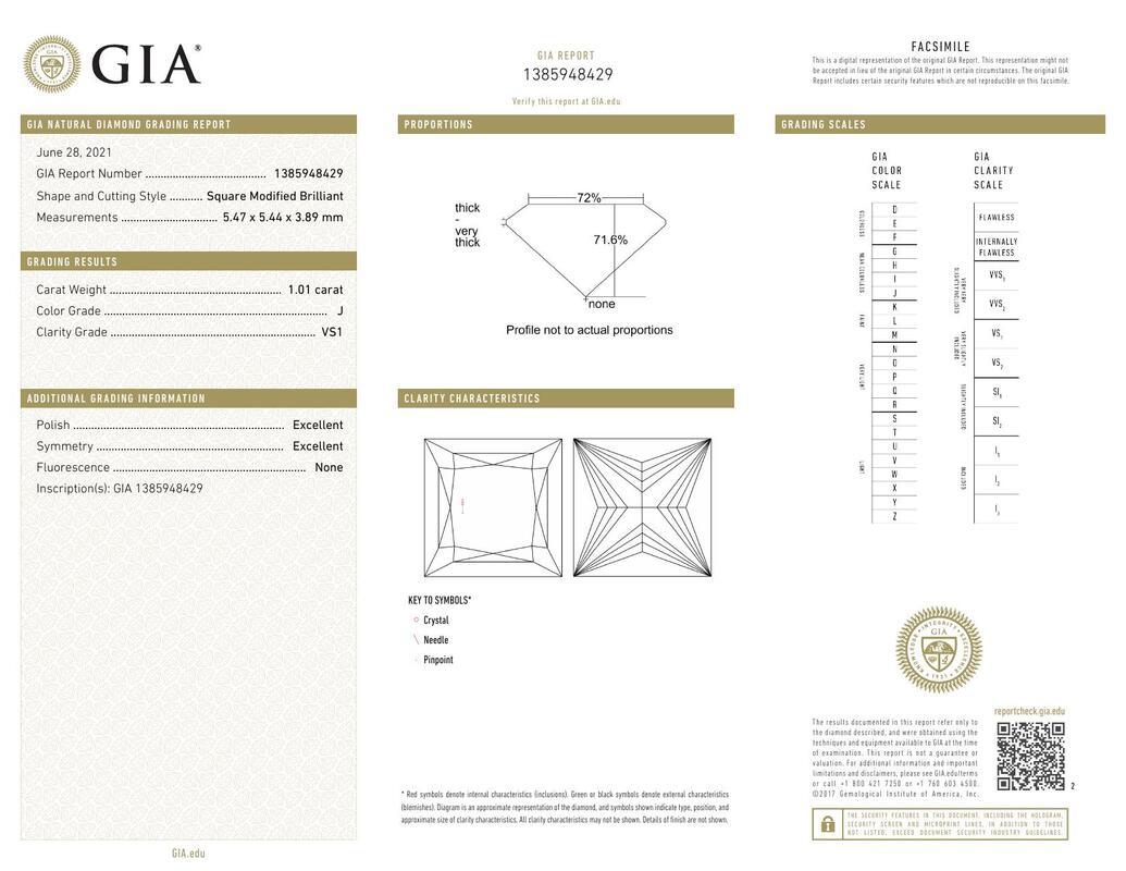 Contemporaneo Anello con diamante a tre pietre Princess in oro bianco 18 carati certificato GIA da 1,01 carati in vendita