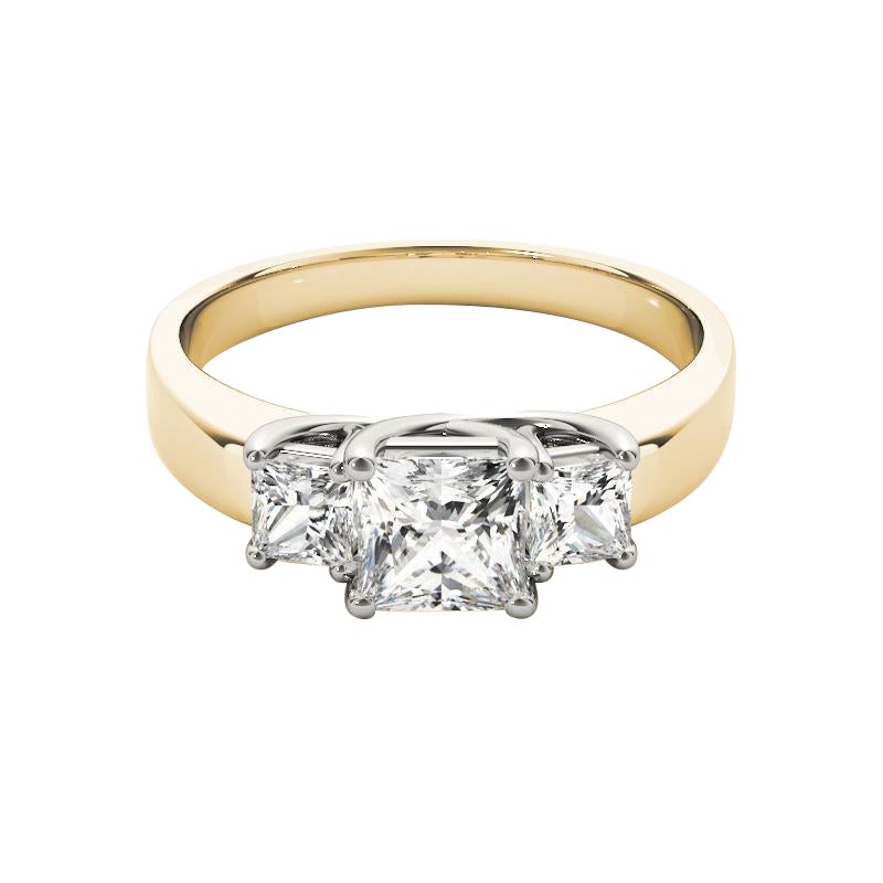 GIA Certified 1,01 Carat Three-Stone Princess Anello di diamanti in oro giallo 18K