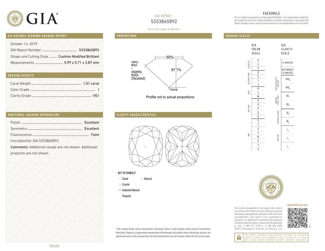 Contemporaneo Anello con diamante in platino certificato GIA da 1,01 carati con cuscino d'epoca e fascia a grana fine in vendita