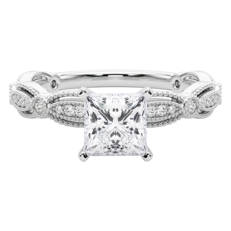 GIA Certificato 1.01 Carati Vintage Princess Milgrain Band Anello di diamanti in platino