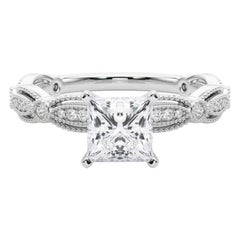 GIA Certificato 1.01 Carati Vintage Princess Milgrain Band Anello di diamanti in platino