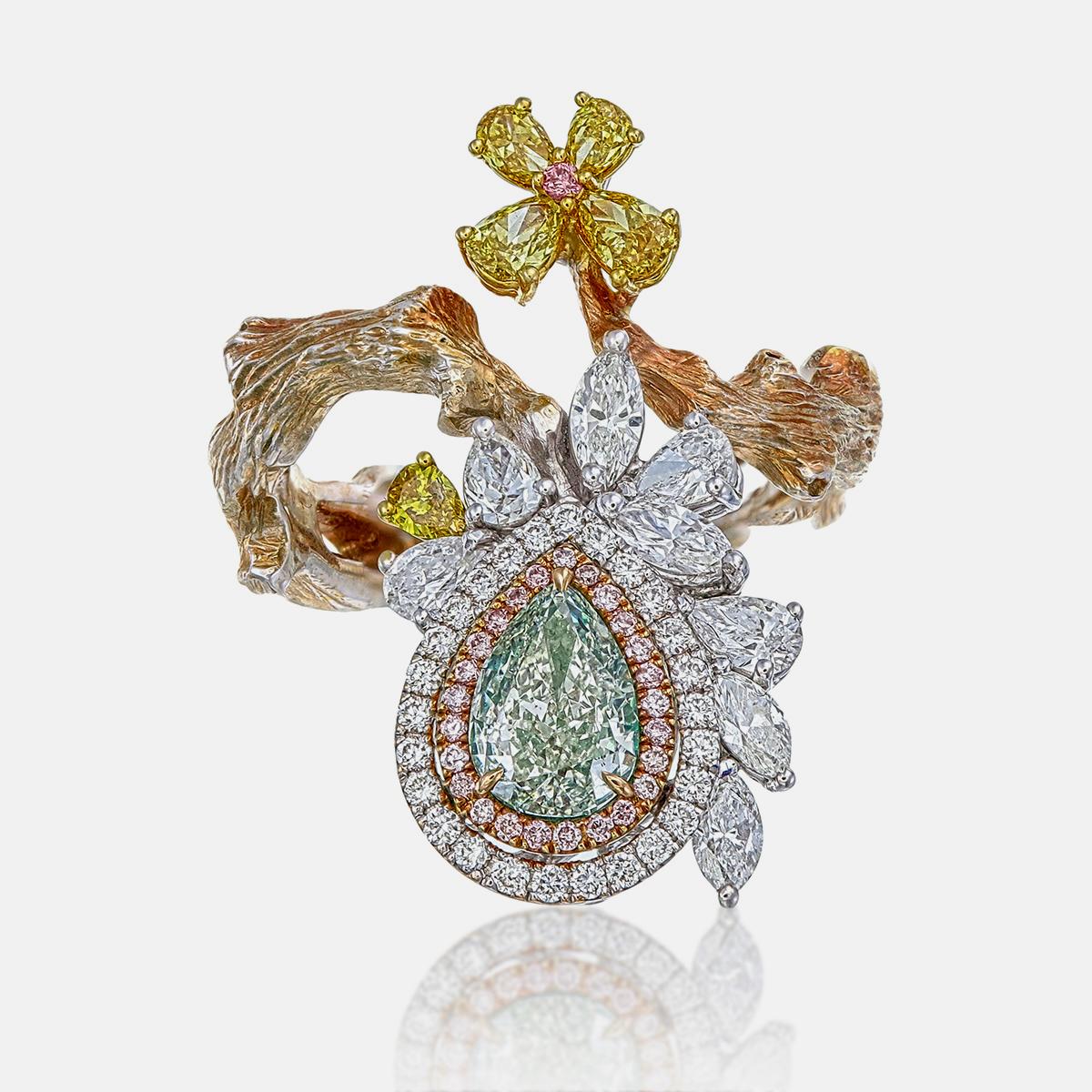 GIA-zertifizierter 1,01 Karat Birnenschliff Fancy Gelber Diamantring in 18K mit G mit Fancy-Diamant (Tropfenschliff) im Angebot