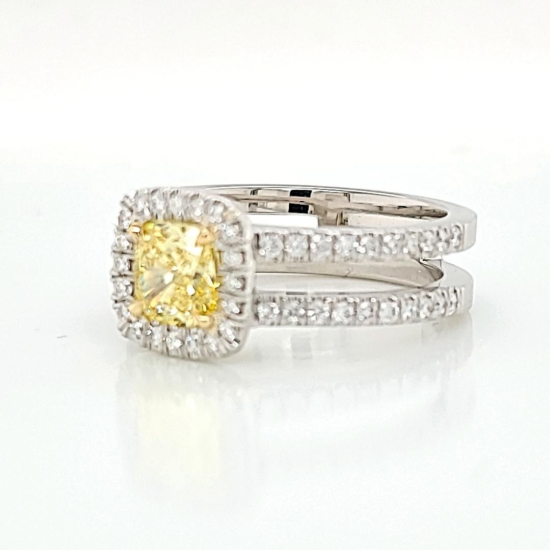 GIA Certified 1.01 Fancy Intense Yellow Cushion Engagement Ring Set in Platinum  In New Condition For Sale In Whippany, NJ