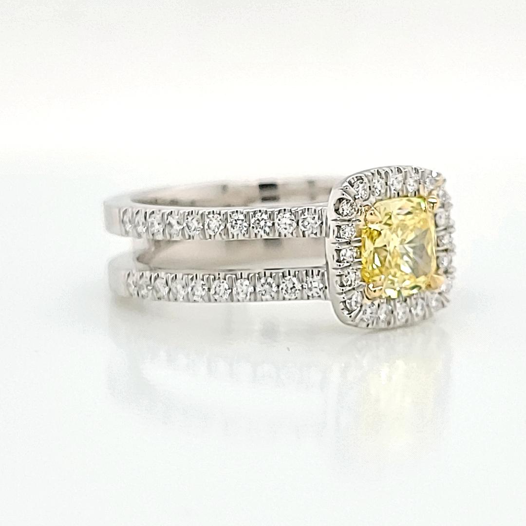 Women's GIA Certified 1.01 Fancy Intense Yellow Cushion Engagement Ring Set in Platinum  For Sale