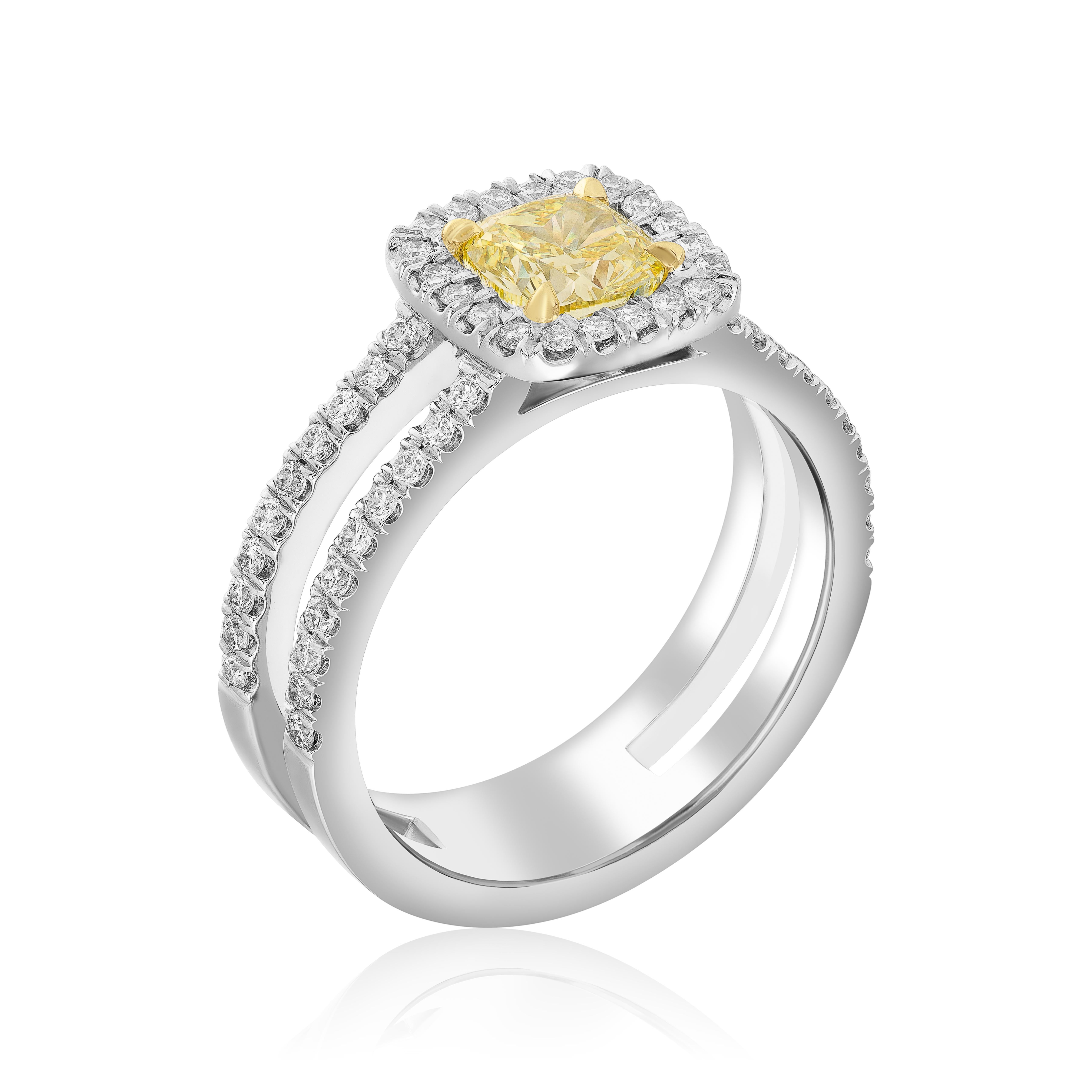 Contemporary GIA Certified 1.01 Fancy Intense Yellow Cushion Engagement Ring Set in Platinum  For Sale