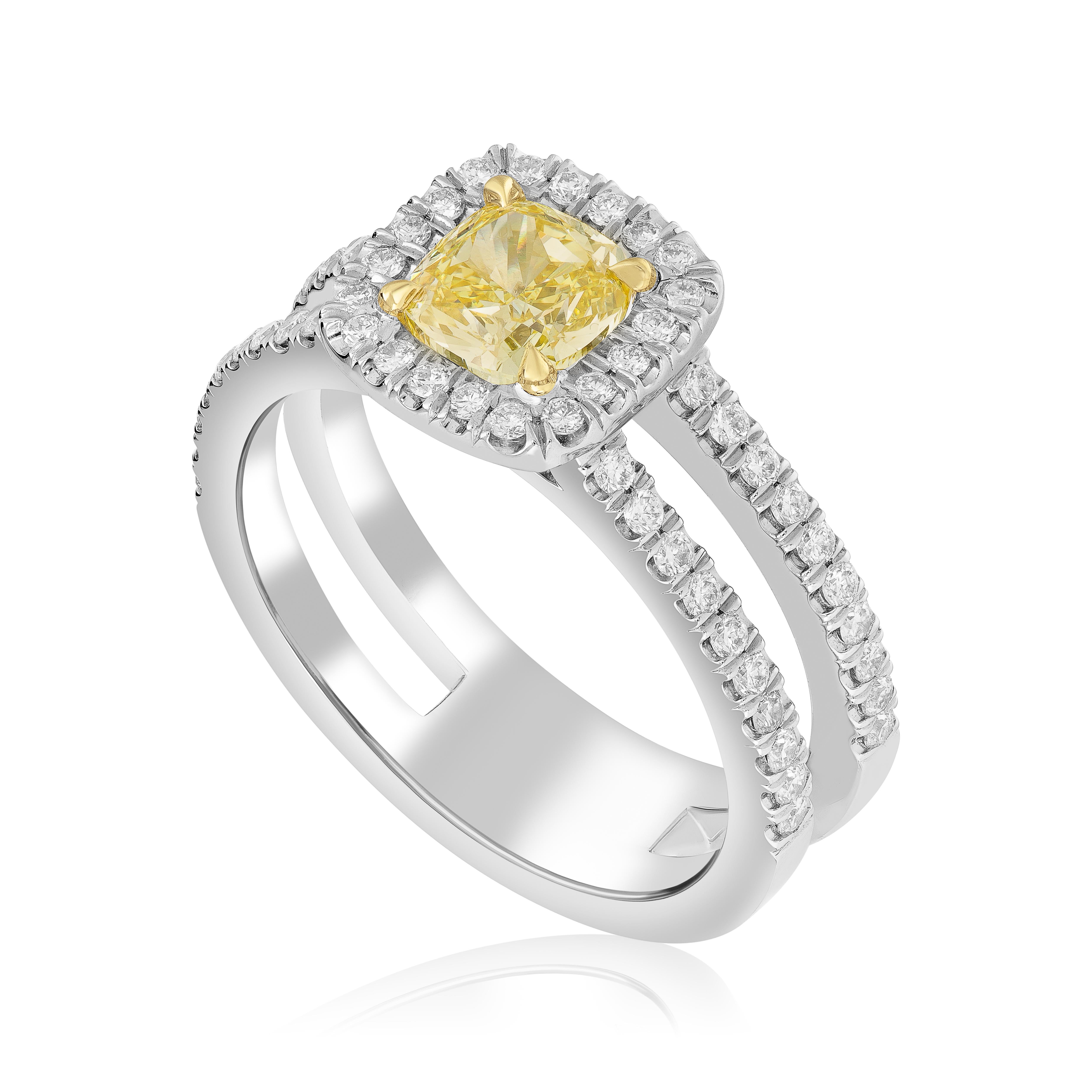 Cushion Cut GIA Certified 1.01 Fancy Intense Yellow Cushion Engagement Ring Set in Platinum  For Sale