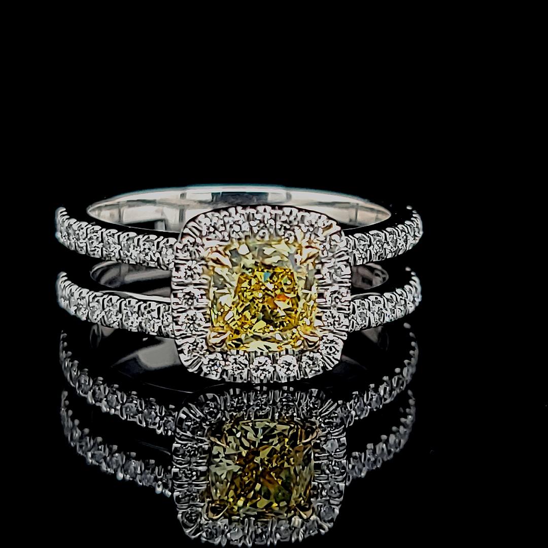 GIA Certified 1.01 Fancy Intense Yellow Cushion Engagement Ring Set in Platinum  For Sale 2