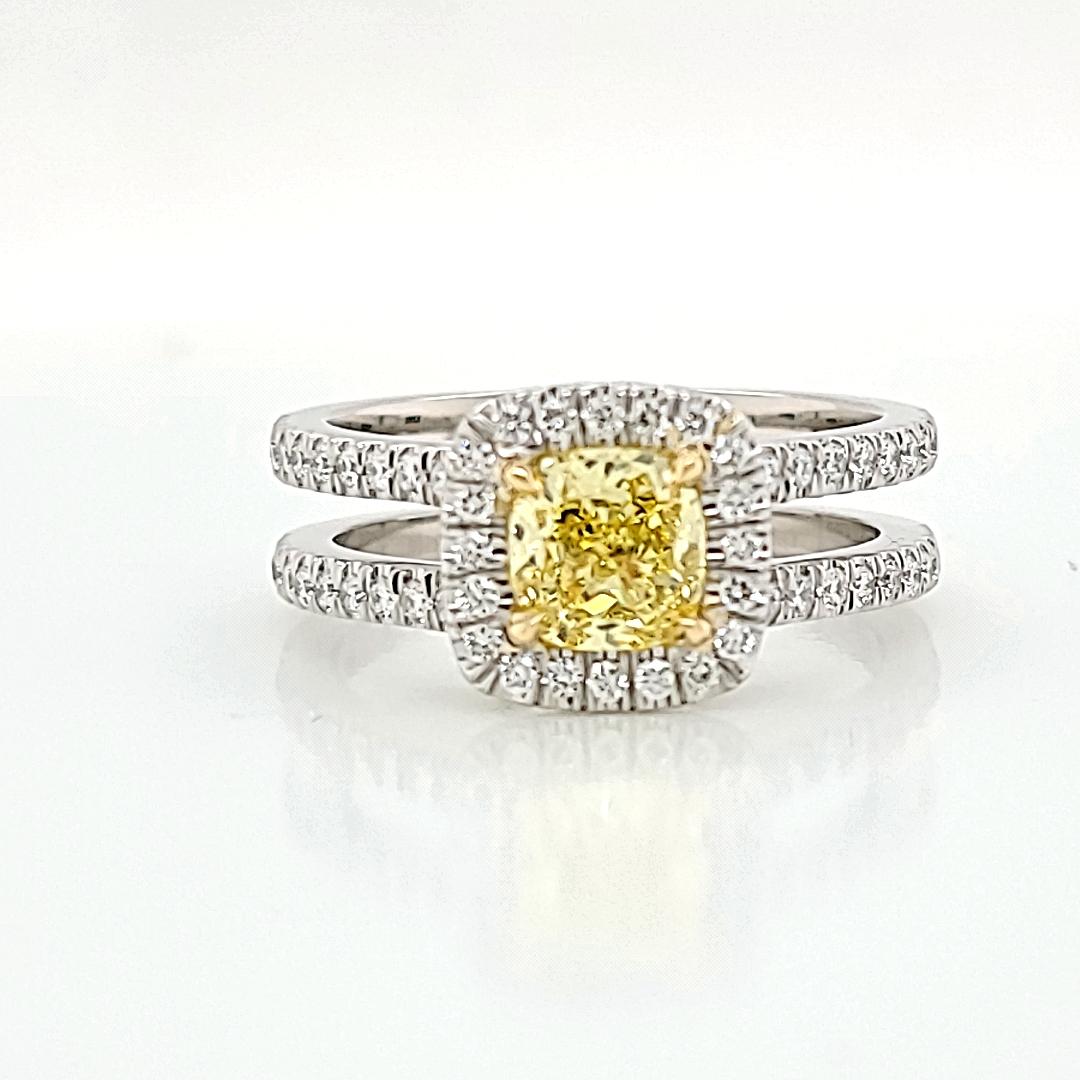 GIA Certified 1.01 Fancy Intense Yellow Cushion Engagement Ring Set in Platinum  For Sale 4
