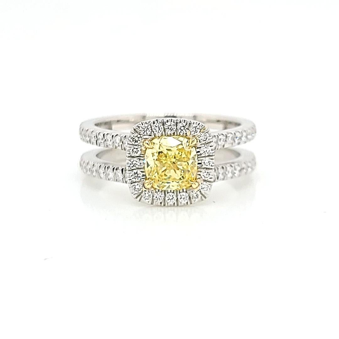 GIA Certified 1.01 Fancy Intense Yellow Cushion Engagement Ring Set in Platinum  For Sale 5