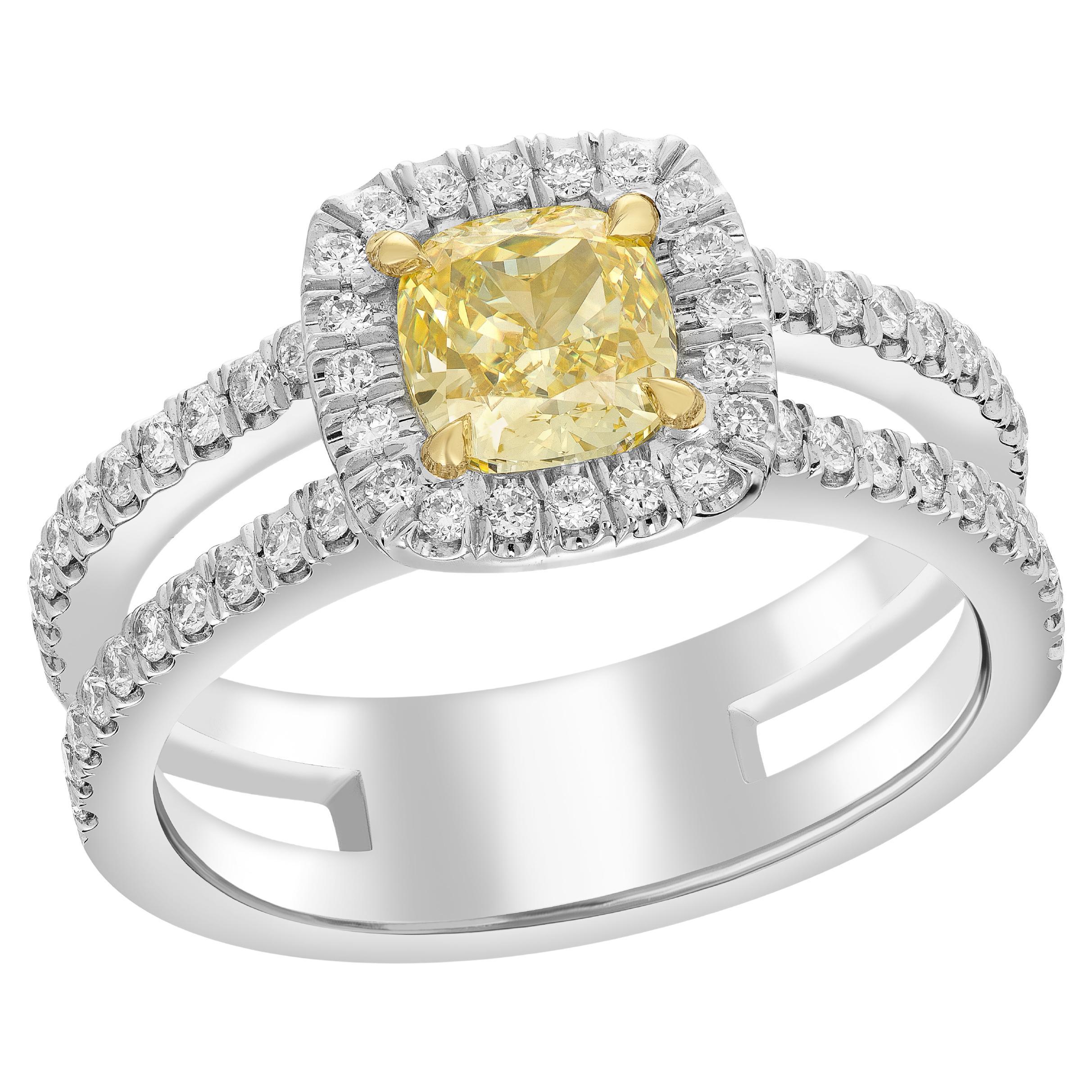 GIA Certified 1.01 Fancy Intense Yellow Cushion Engagement Ring Set in Platinum  For Sale