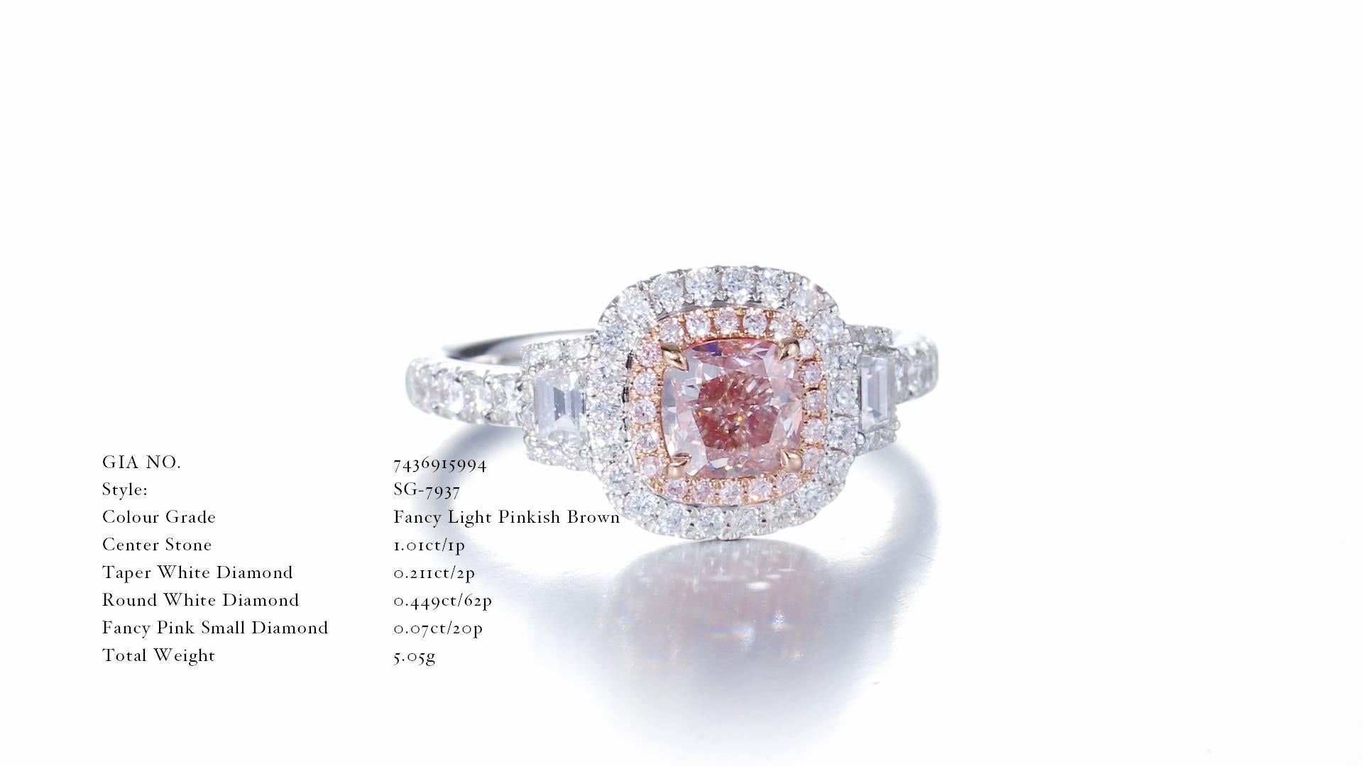 Women's  GIA Certified, 1.01 Fancy Light Pinkish Brown Cushion Cut Natural Diamond Ring. For Sale