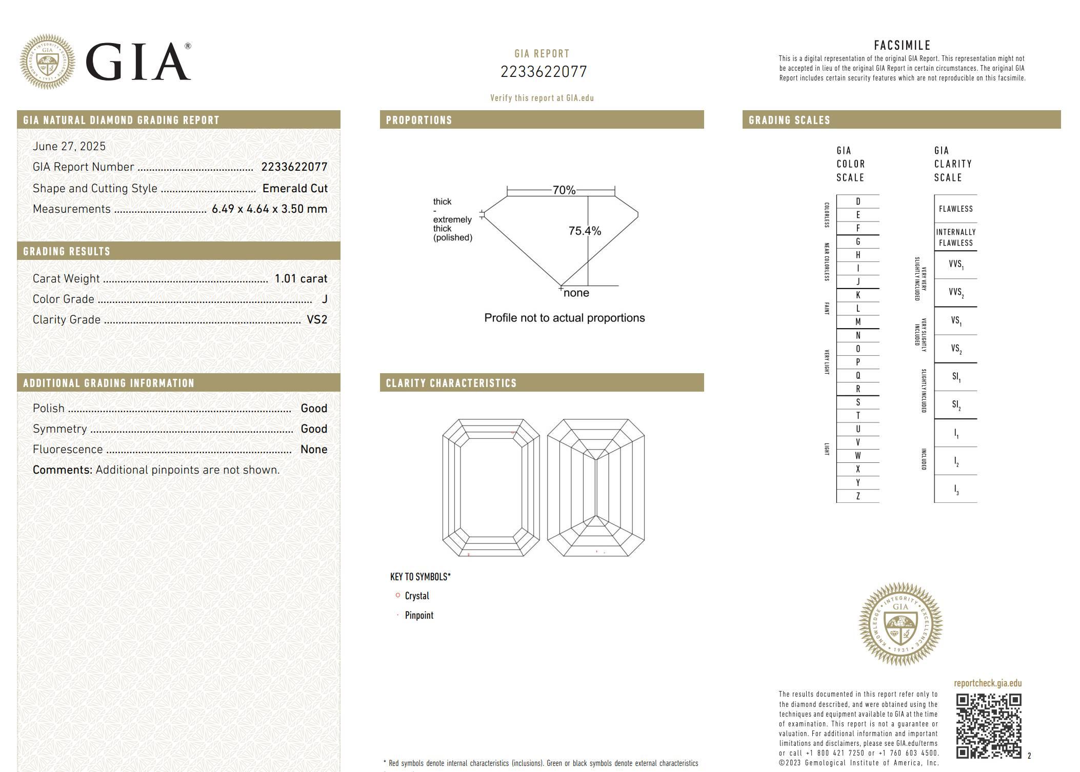 Bague de fiançailles en platine certifiée GIA 1,01 J VS2 Diamant naturel taille émeraude Pour femmes 