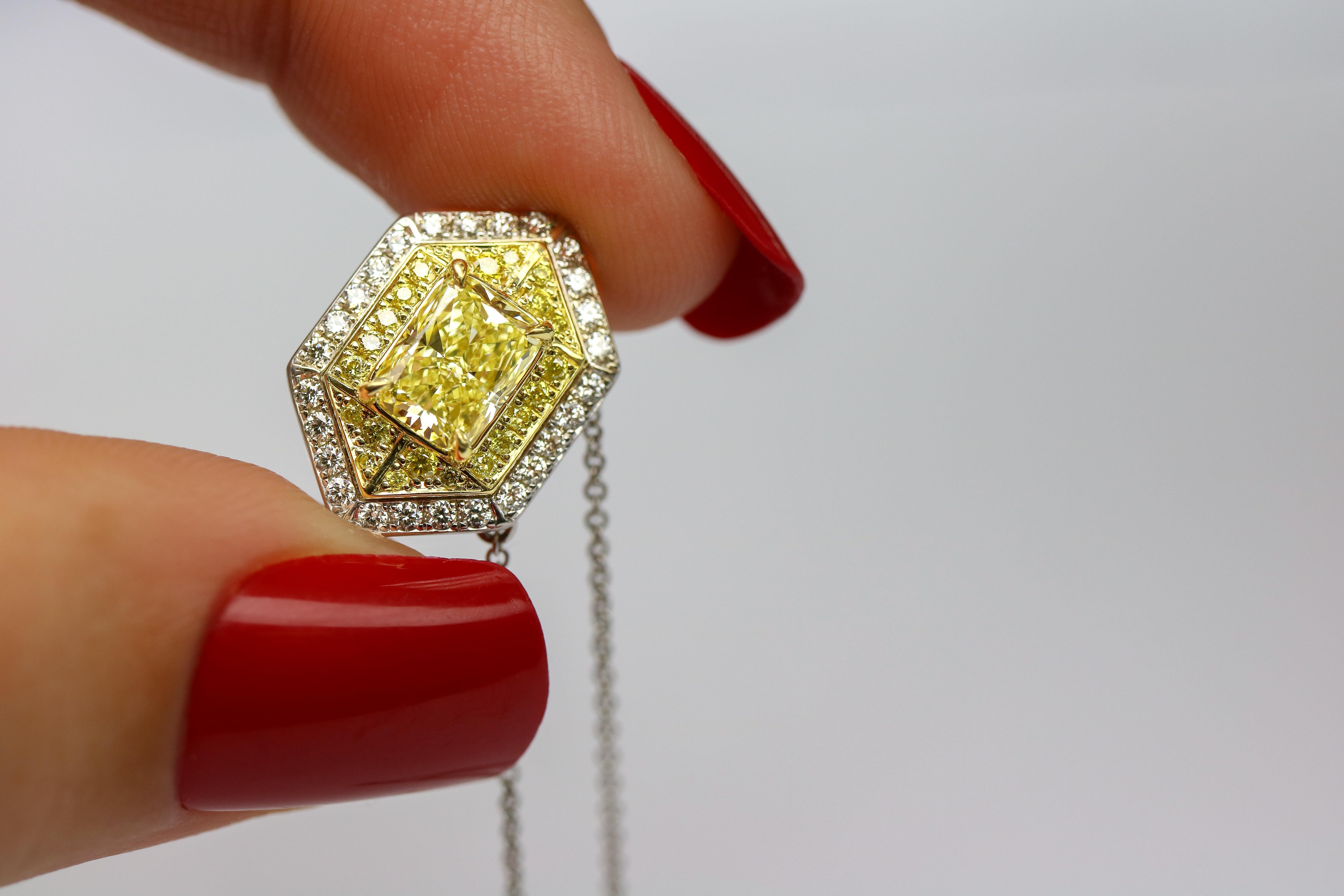 Contemporary GIA Certified 1.01 Natural Fancy Intense Cushion-Cut Yellow Diamond Pendant