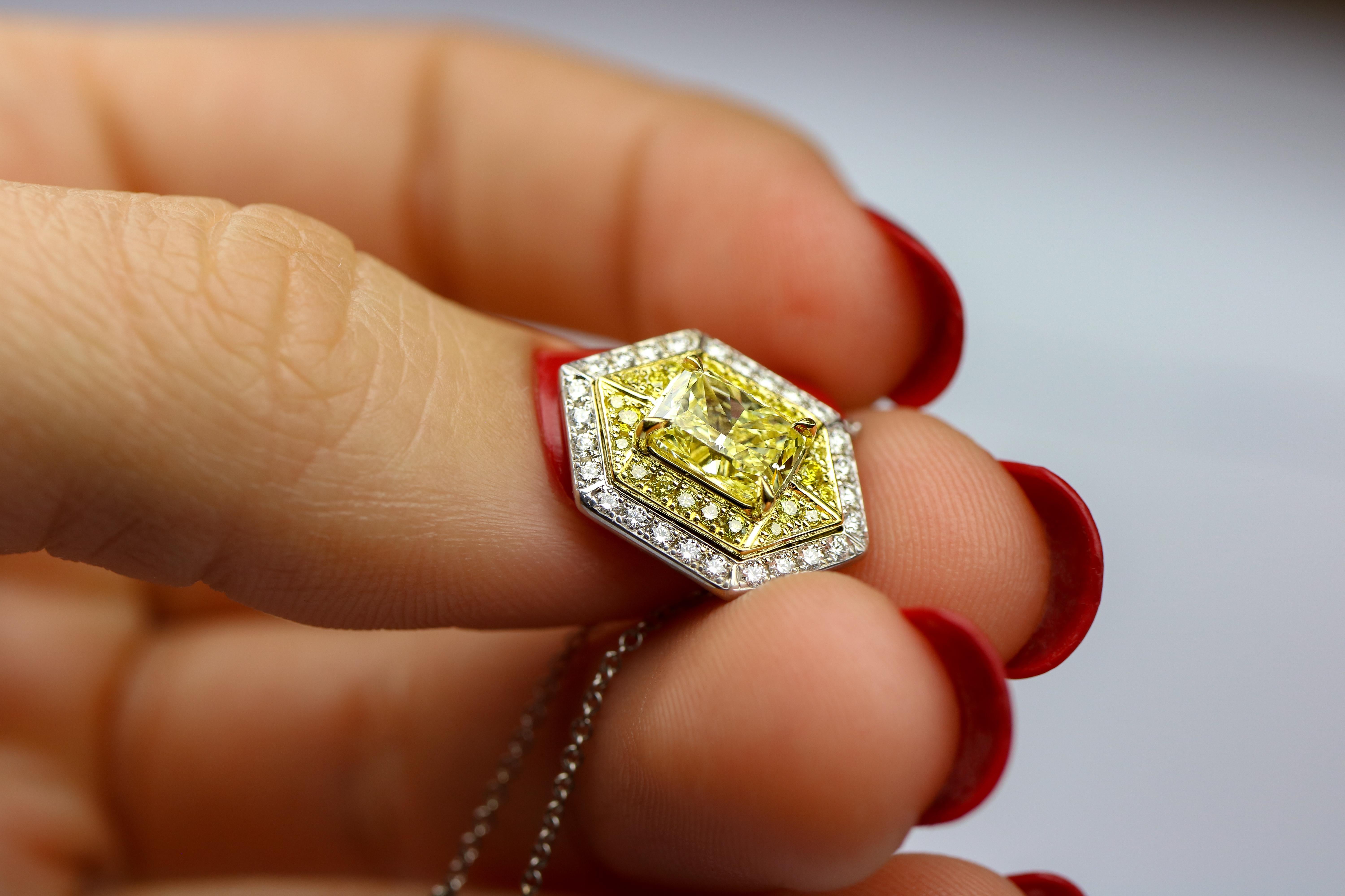 GIA Certified 1.01 Natural Fancy Intense Cushion-Cut Yellow Diamond Pendant In New Condition In Calabasas, CA