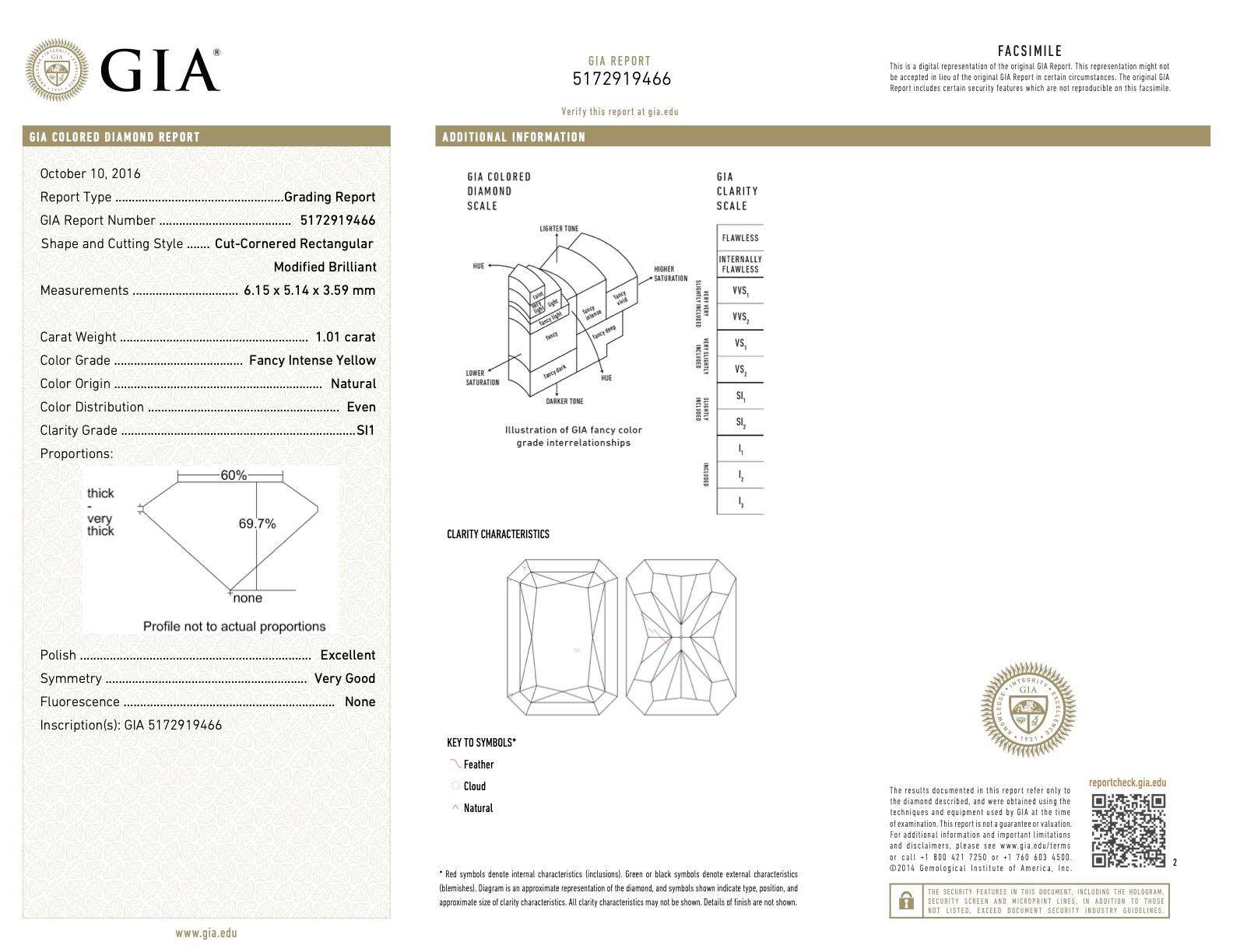 GIA Certified 1.01 Natural Fancy Intense Cushion-Cut Yellow Diamond Pendant 1