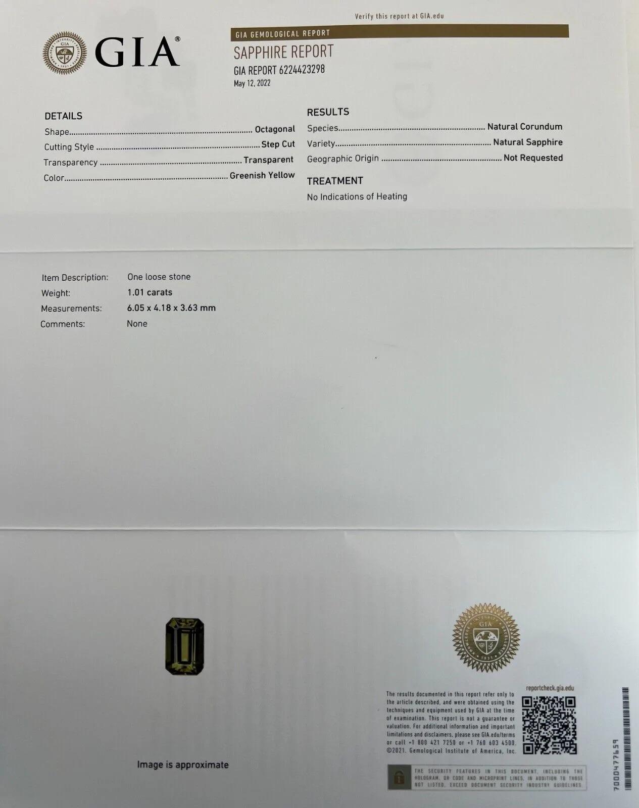 GIA-zertifizierter 1,01 unbehandelter lebhaft grüner gelber Saphir Smaragd im Achteckschliff Edelstein im Angebot 7