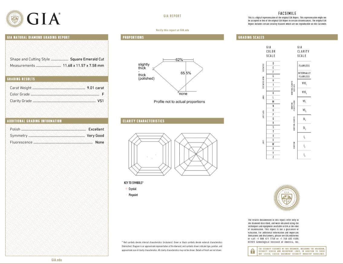 A GIA Certified 9-carat Asscher Cut Diamond Platinum Ring with F color, VS1 clarity, and excellent polish and VG symmetry is a rare and luxurious choice. The Asscher cut’s deep step facets and high clarity will create a mesmerizing hall-of-mirrors