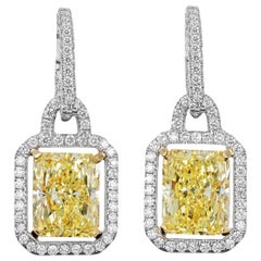 GIA Certified, 10.11 Carat Total Weight Fancy Yellow Diamond Dangle Earrings