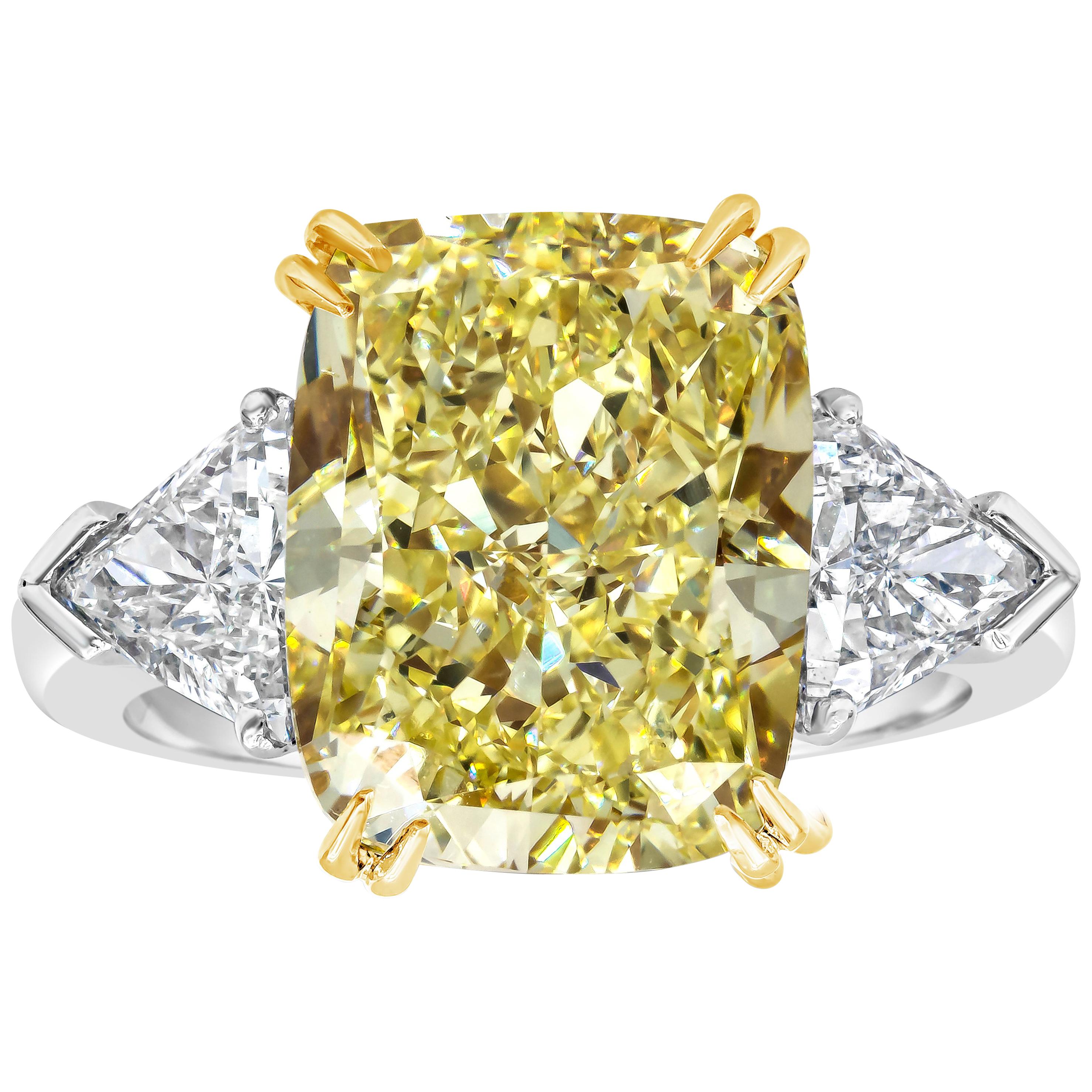 GIA Certified 10.11 Carats Fancy Yellow Diamond Three-Stone Engagement Ring For Sale