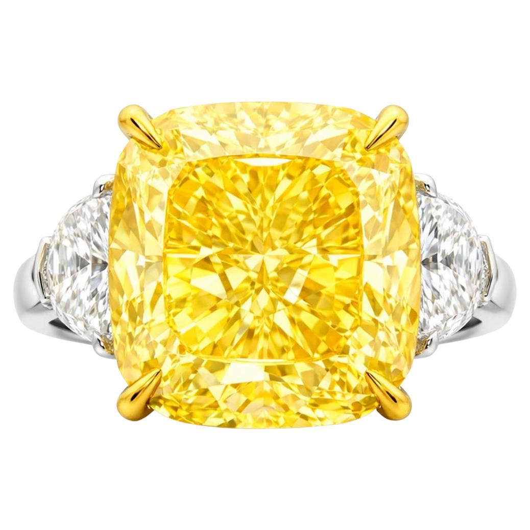 GIA Certified 10.18Carat Cushion Cut Fancy Yellow Diamond Ring with half moon