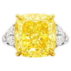 GIA Certified 10.18Carat Cushion Cut Fancy Yellow Diamond Ring with half moon