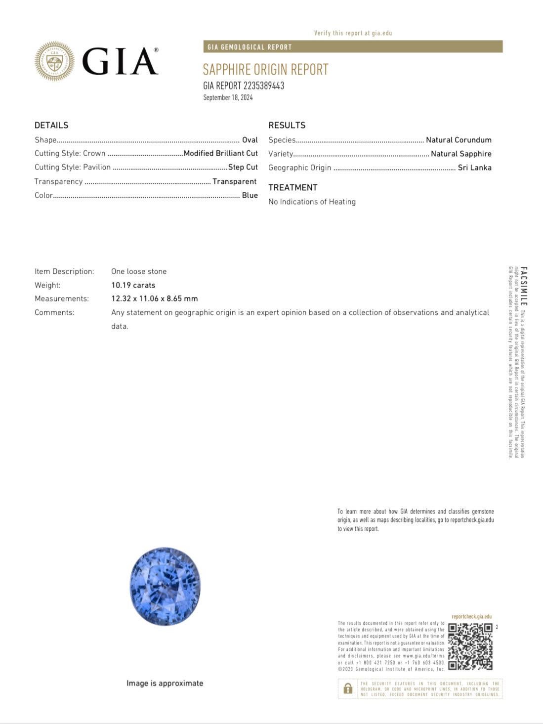 GIA Certified 10.19 Carat Oval No Heat Cornflower Blue Sapphire in vendita 2