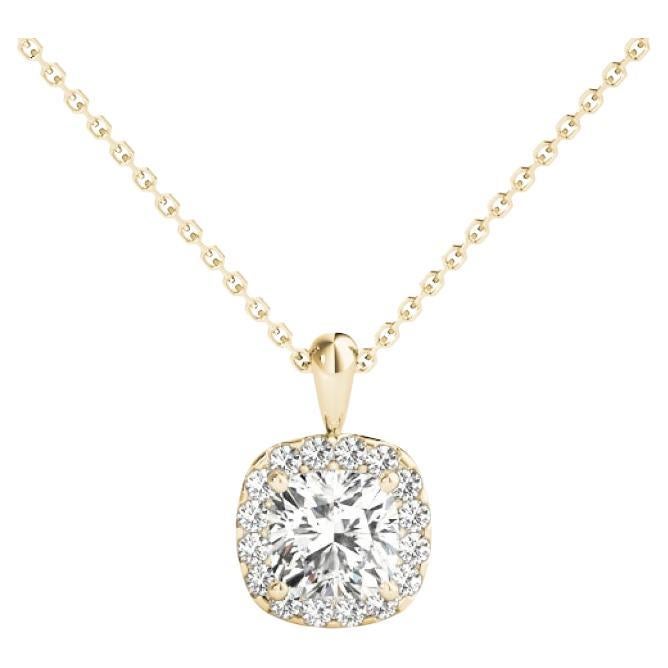 GIA Certified 1.01ct Cushion Diamond Round Halo Pendant Necklace in Yellow Gold For Sale