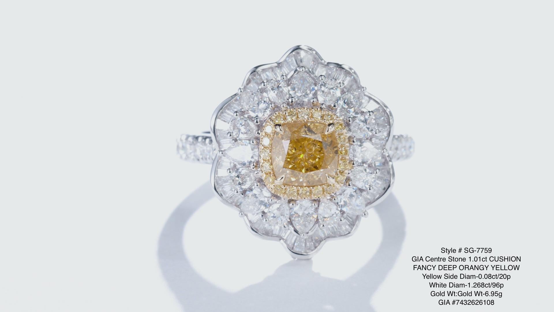 Introducing a radiant addition to our exclusive Summer Collection, behold the captivating beauty of this 1.01ct Fancy Deep Orangy Yellow cushion-shaped diamond ring. Mounted on a luxurious 18kt gold setting, this exquisite gem emanates warmth and