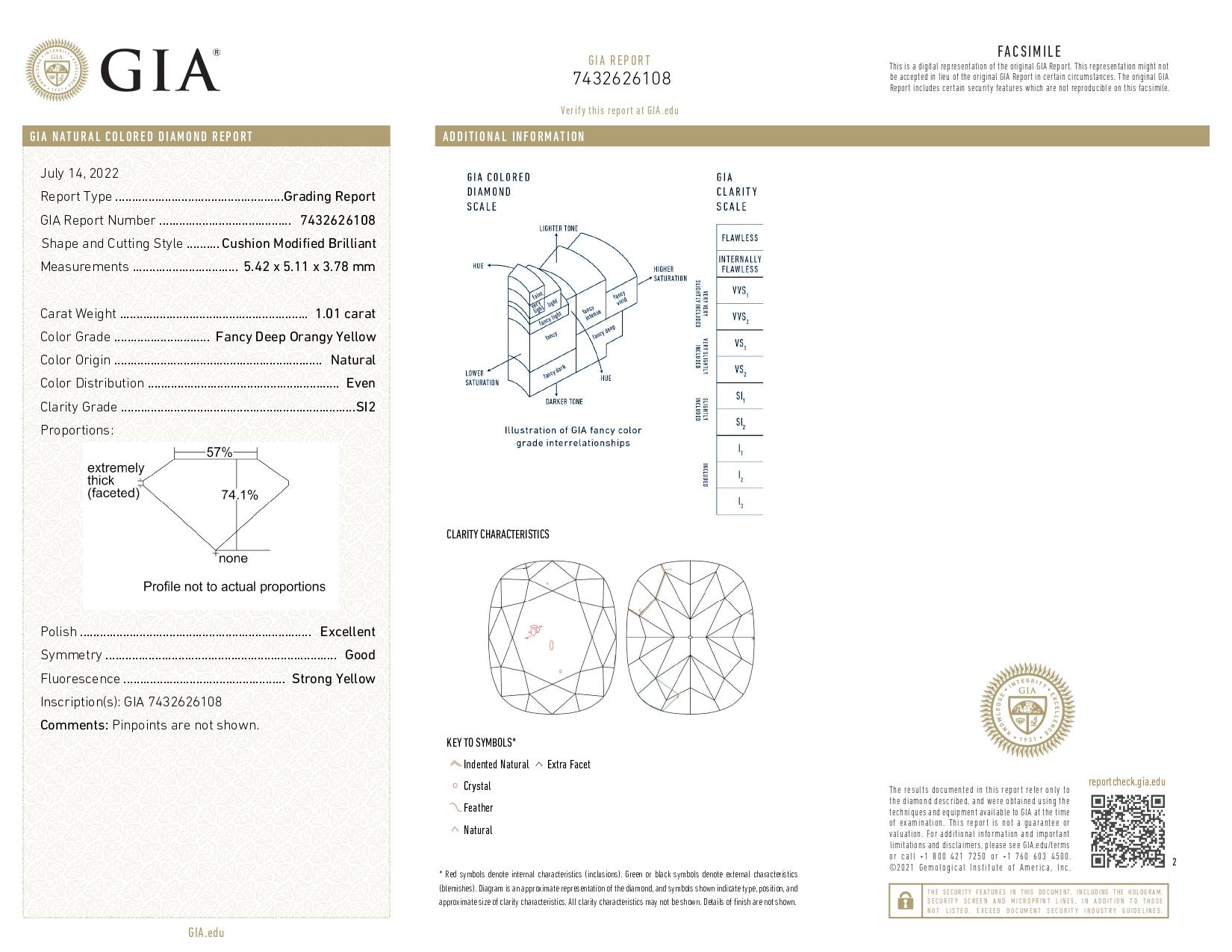 GIA Certified, 1.01ct Cushion Fancy Deep Orangy Yellow Natural Diamond Ring 18kt In New Condition For Sale In Hong Kong, HK