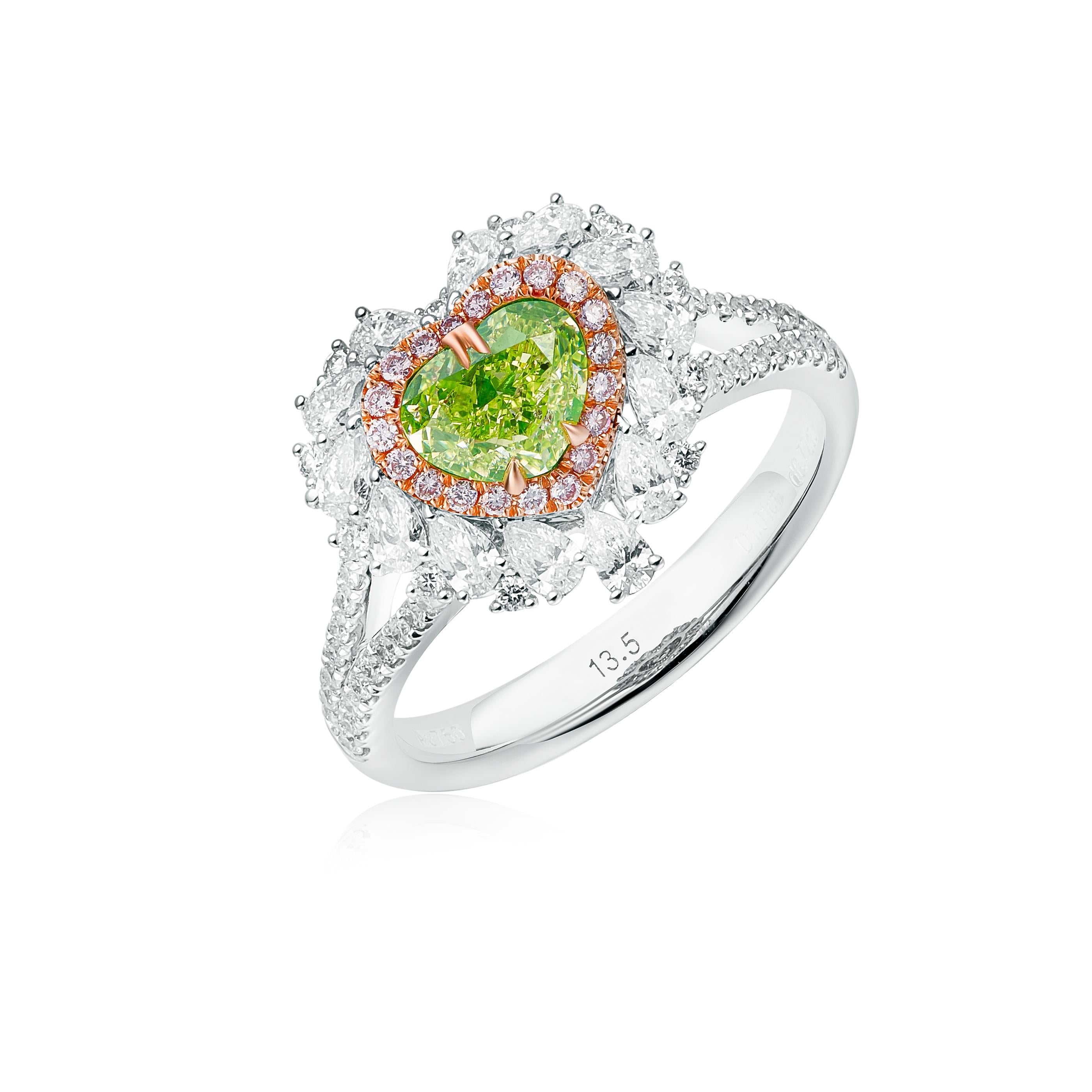 Heart Cut GIA Certified 1.01ct HeartShape Fancy Green-Yellow Color Diamond Engagement Ring For Sale
