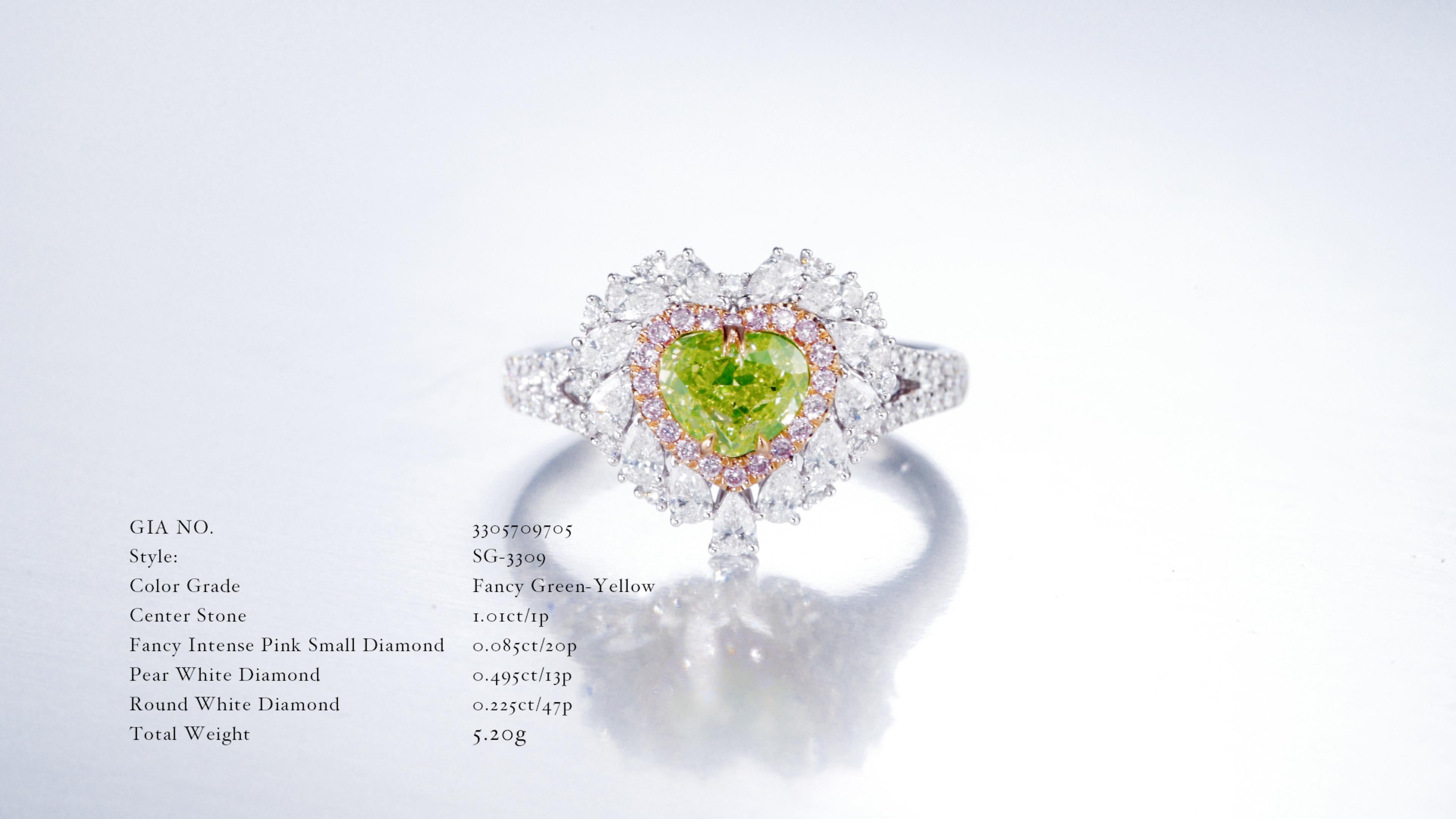 Women's GIA Certified 1.01ct HeartShape Fancy Green-Yellow Color Diamond Engagement Ring For Sale