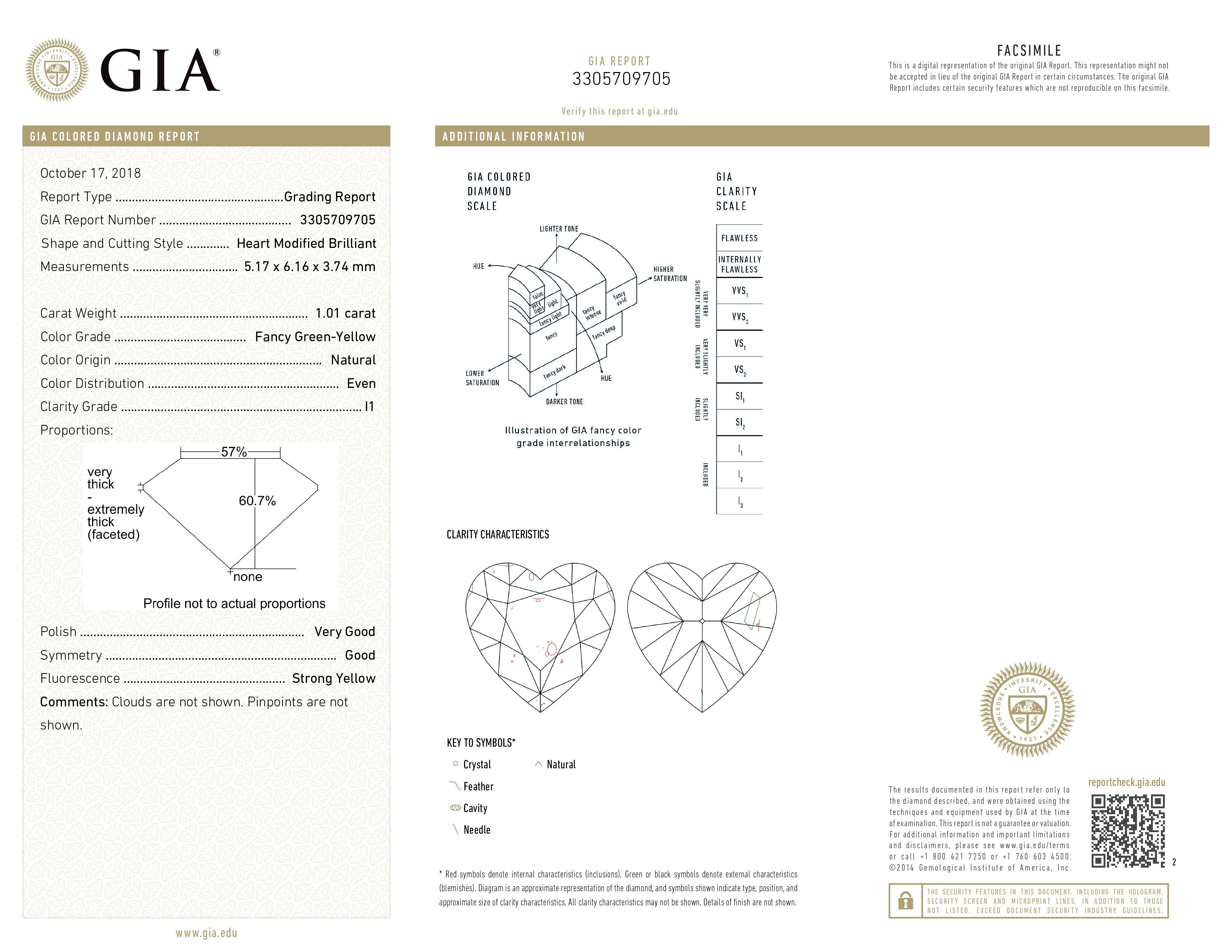 GIA Certified 1.01ct HeartShape Fancy Green-Yellow Color Diamond Engagement Ring For Sale 2