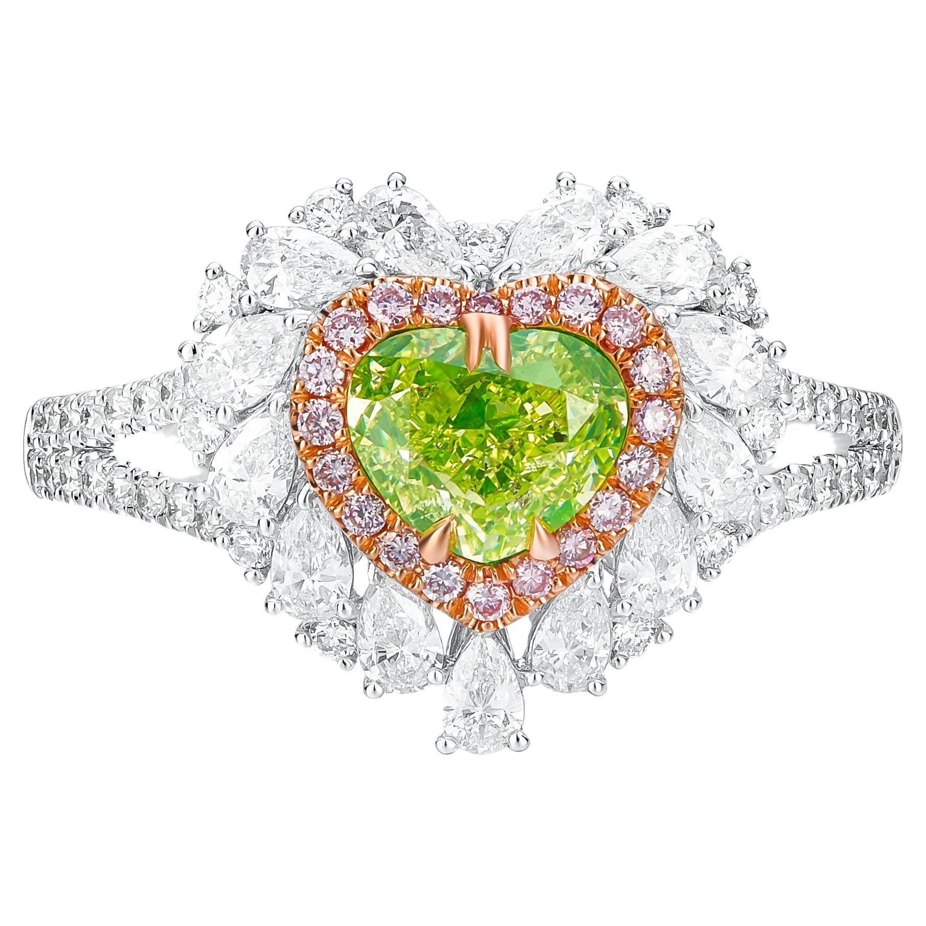 GIA Certified 1.01ct HeartShape Fancy Green-Yellow Color Diamond Engagement Ring