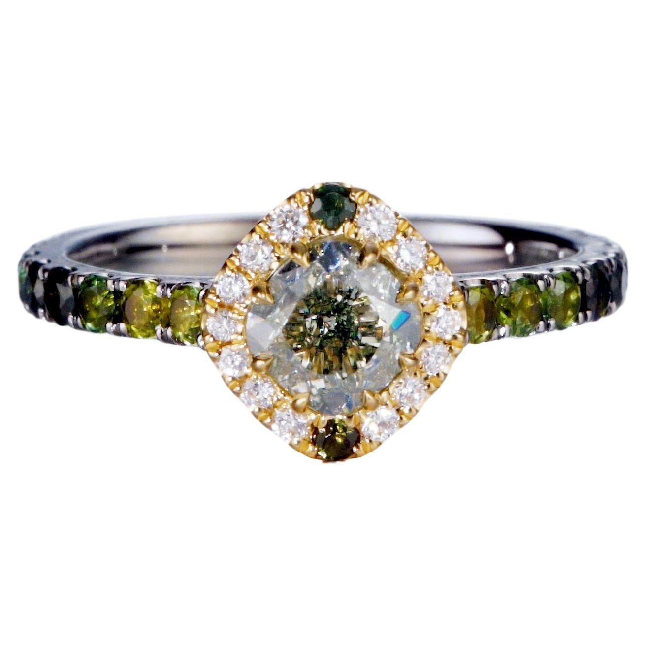 Bague 18 carats, certifiée GIA, 1,01 carat, diamant naturel de forme coussin gris-vert fantaisie