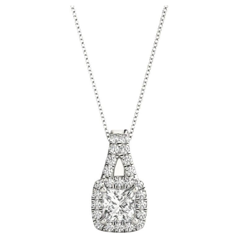 GIA Certified 1.01ct Princess Diamond Cushion Halo Gold Pendant Necklace
