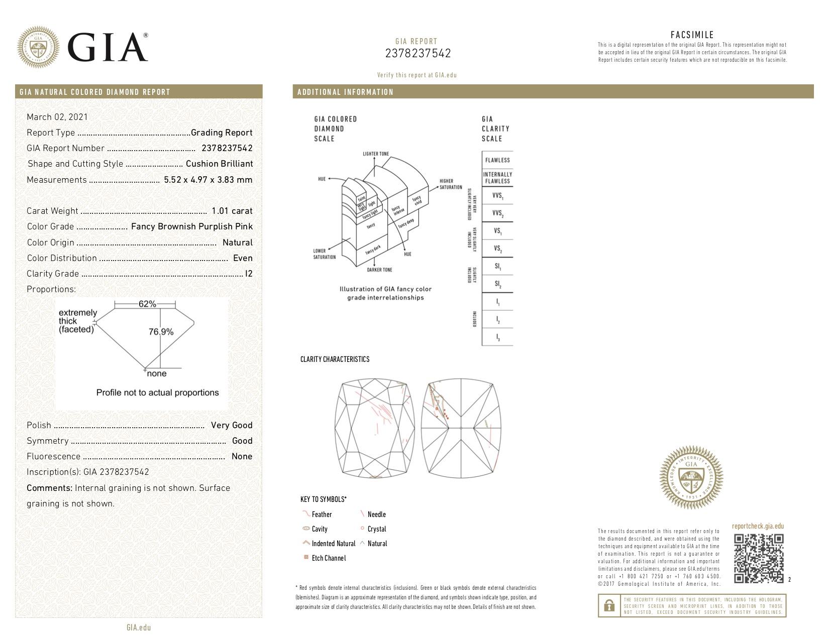 Men's GIA Certified 1.01 Carat Purplish Pink Diamond Ring For Sale