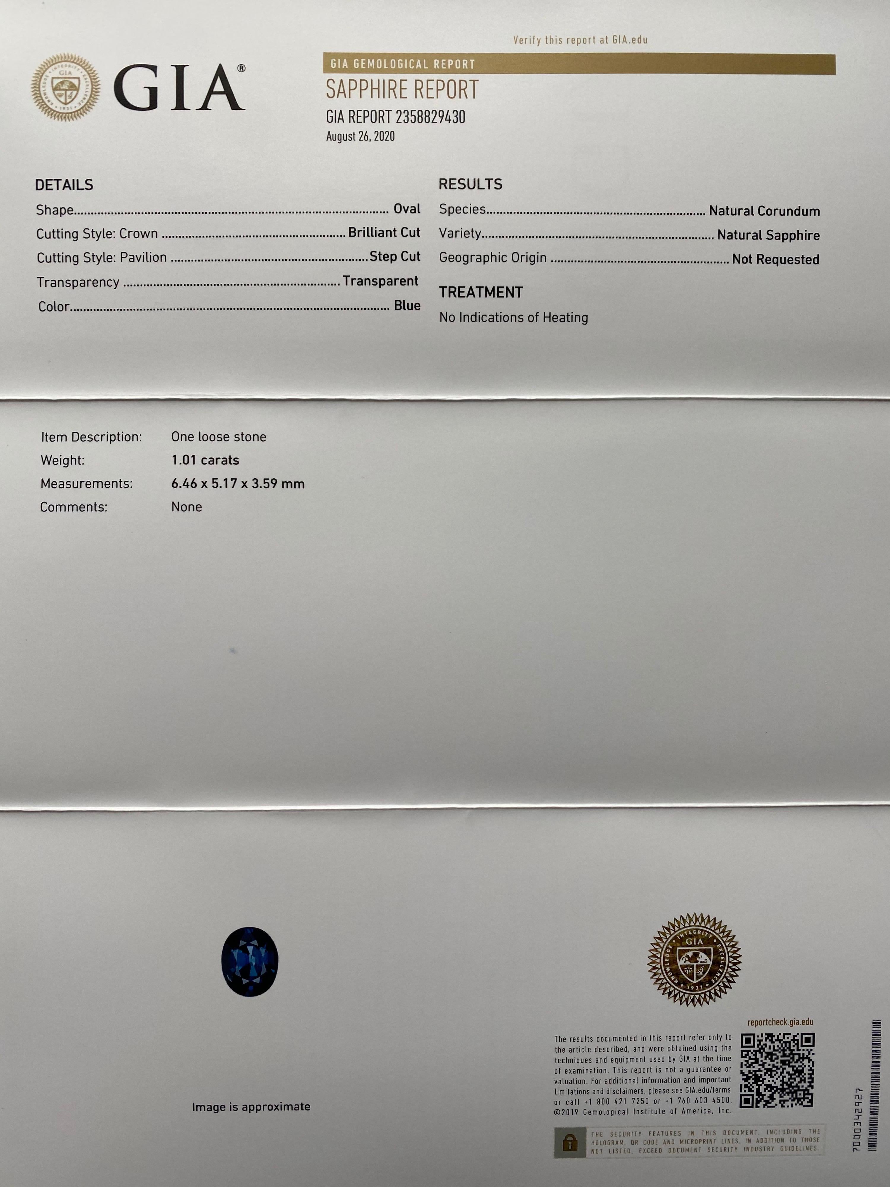 GIA Certified 1.01ct Vivid Blue Untreated Sapphire Oval Cut Unheated Rare Gem In New Condition In Birmingham, GB