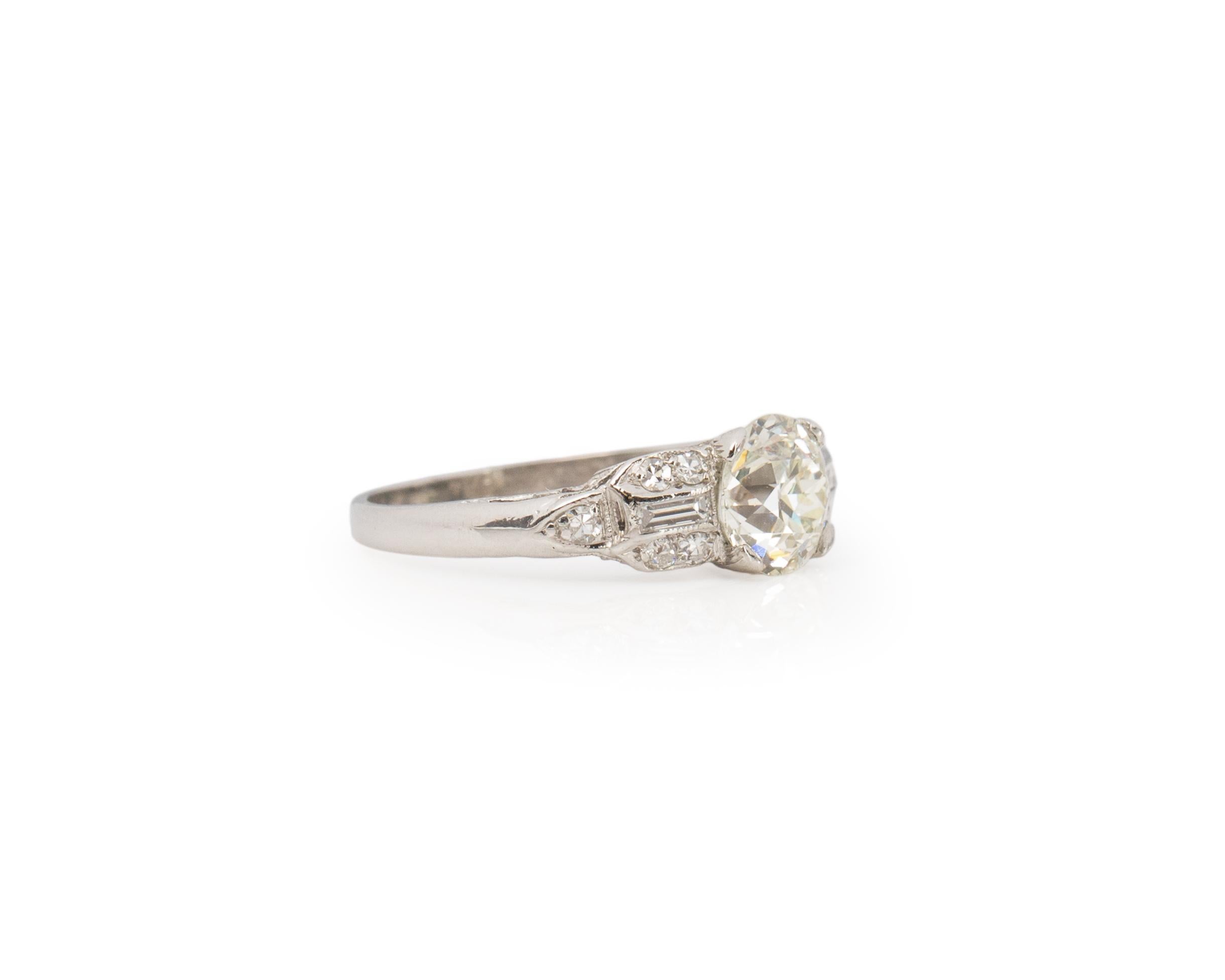 Ring Size: 4.75
Metal Type: Platinum [Hallmarked, and Tested]
Weight: 2.4 grams

Center Diamond Details:
GIA LAB REPORT #: 6455888095
Weight: 1.02ct
Cut: Old European brilliant
Color: K
Clarity: SI1
Measurements: 6.43mm x 6.22mm x 4.11mm

Side