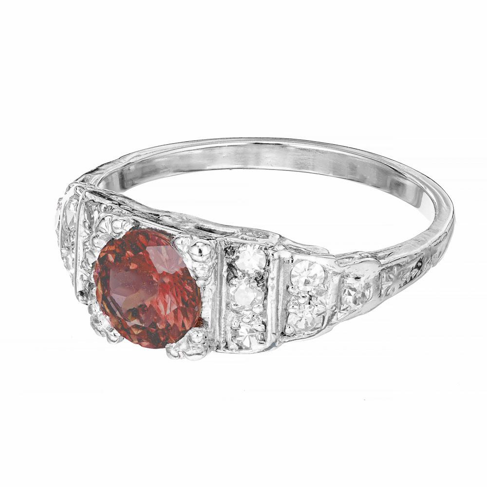 Round Cut GIA Certified 1.02 Carat Brown Orange Sapphire Diamond Engagement Platinum Ring For Sale