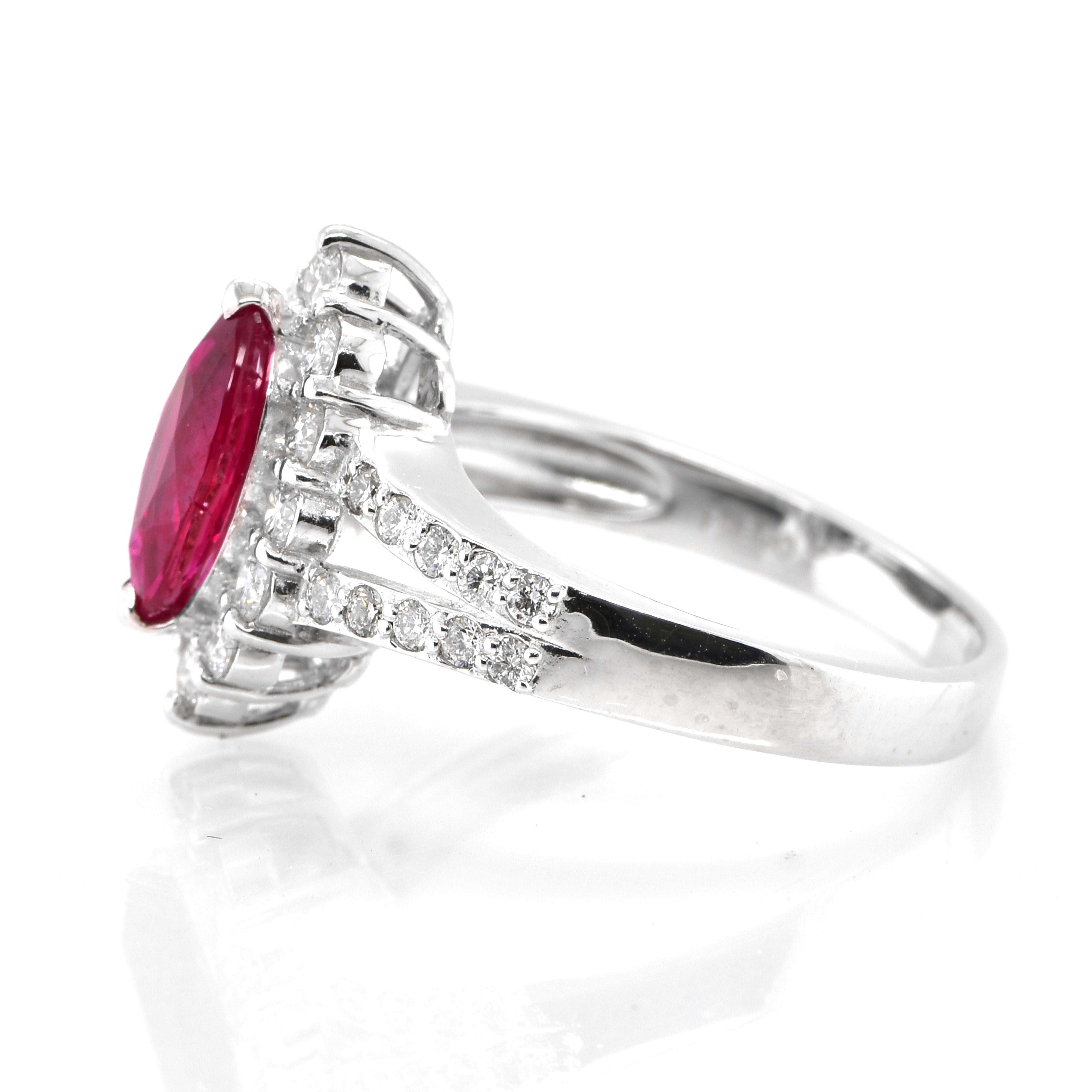 Marquise Cut GIA Certified 1.02 Carat Burmese, Pigeon's Blood Color Ruby Ring set in Platinum For Sale