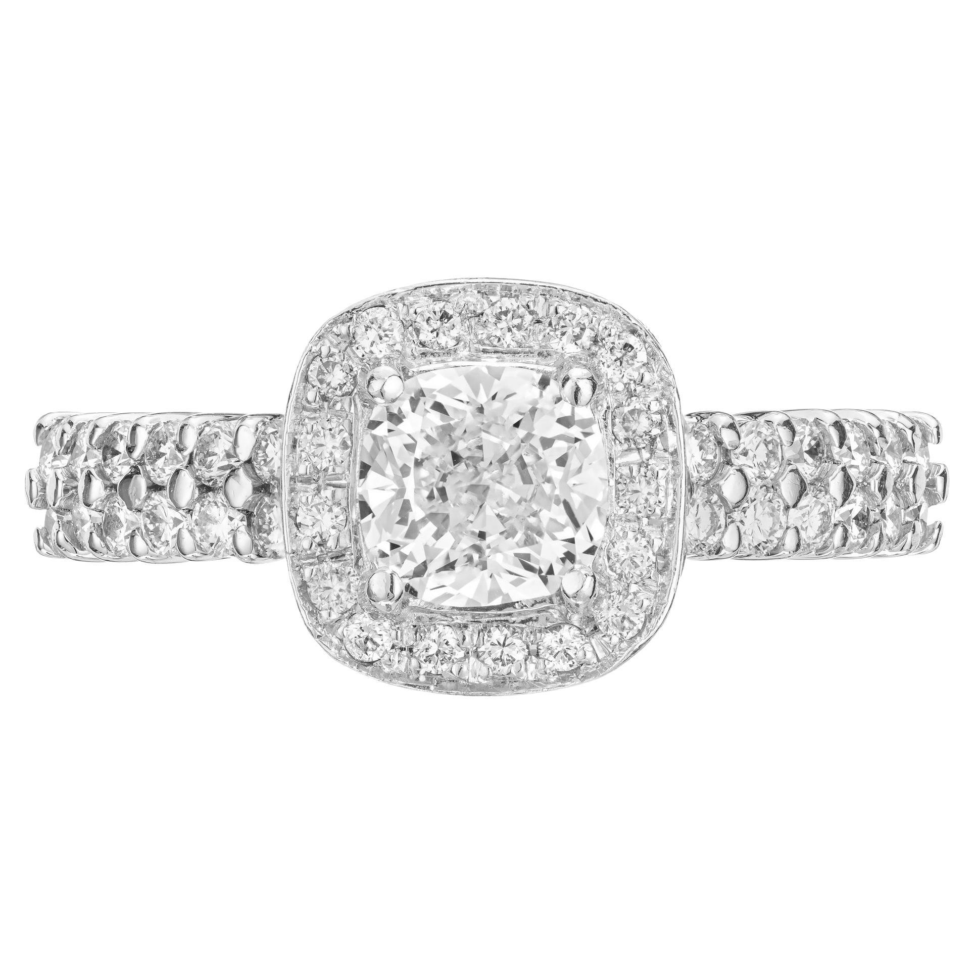 GIA Certified 1.02 Carat Cushion Diamond Platinum Halo Engagement Ring For Sale