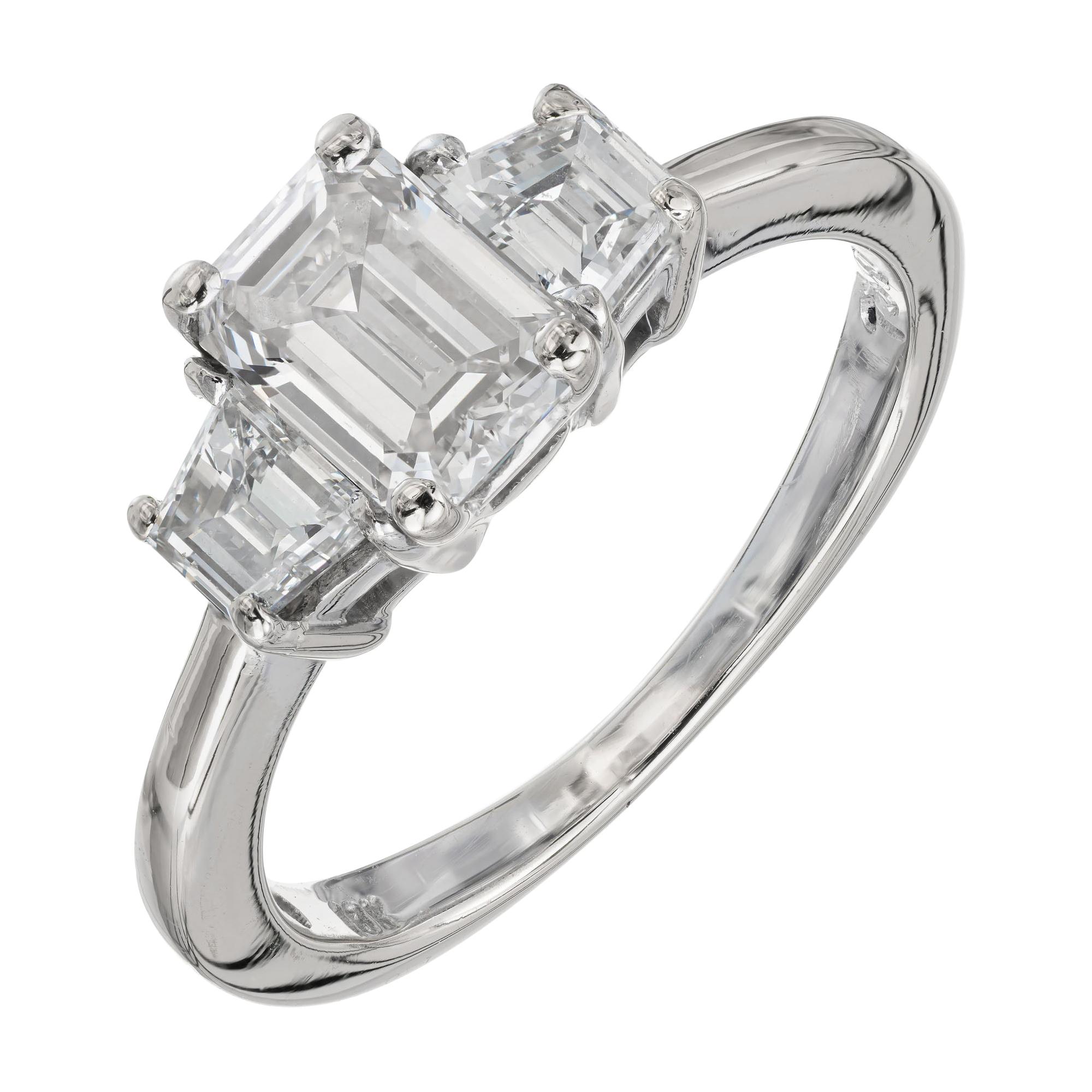 GIA 1.02 Carat Emerald Cut Diamond 18k White Gold Three-Stone Engagement Ring For Sale