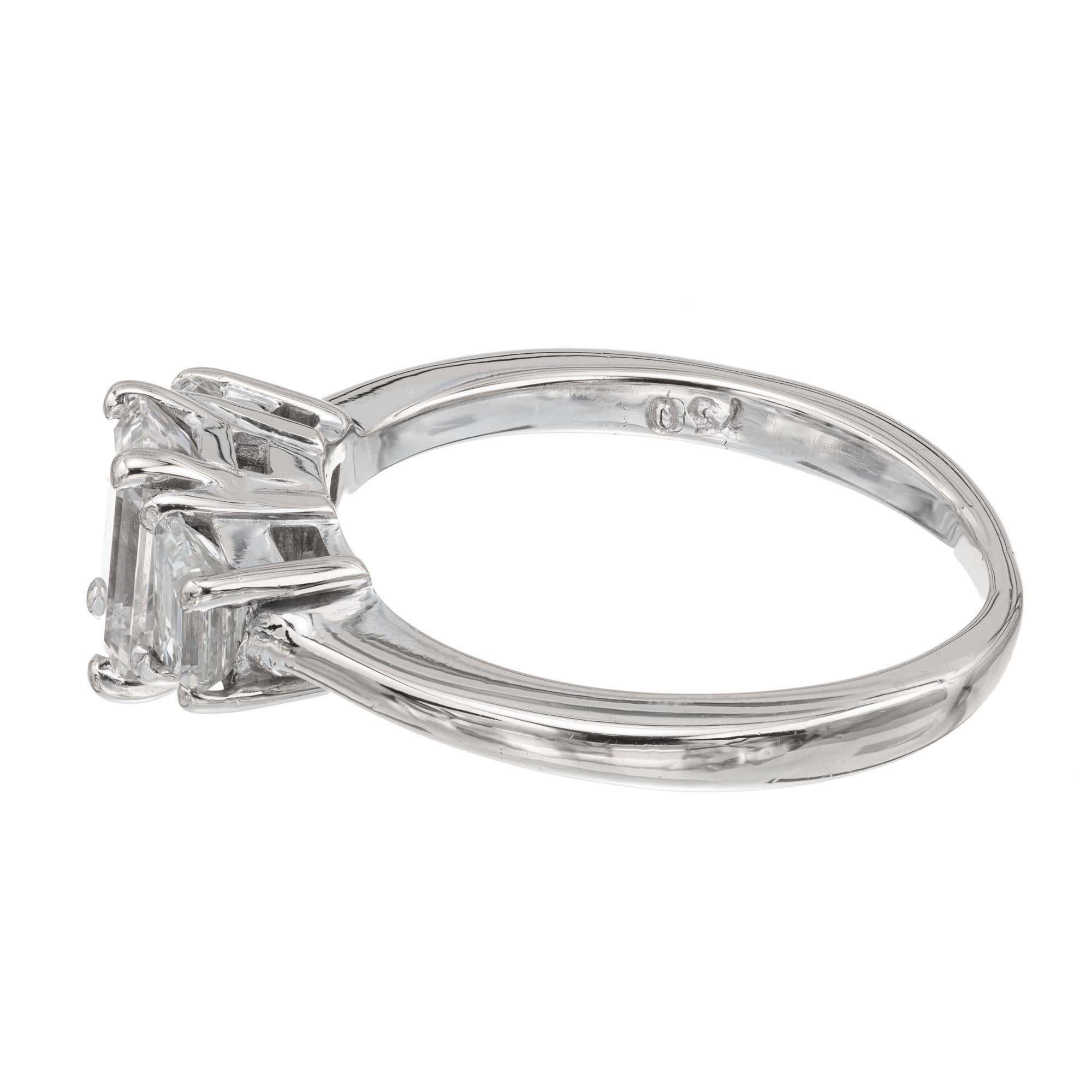 GIA 1.02 Carat Emerald Cut Diamond 18k White Gold Three-Stone Engagement Ring For Sale 1