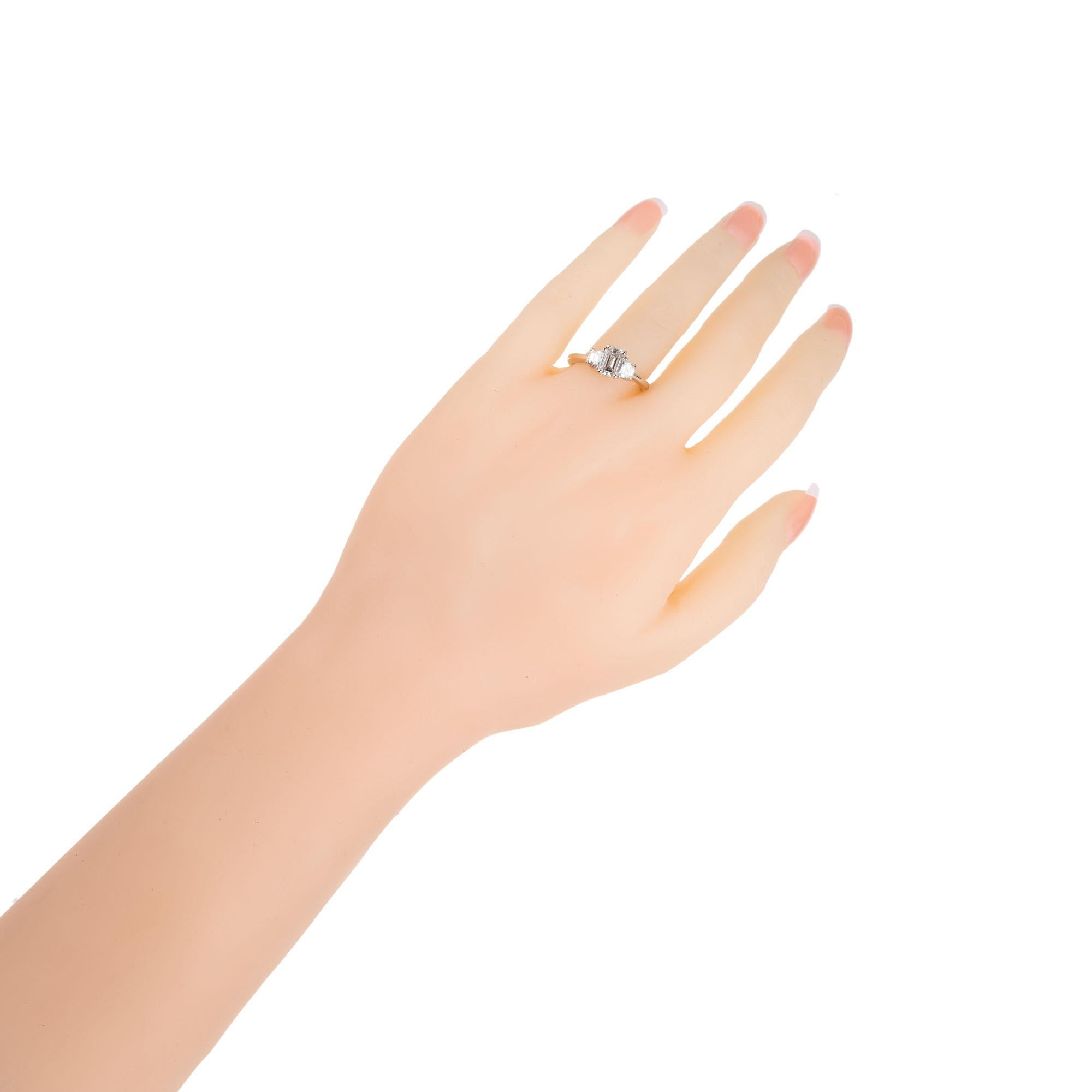 GIA 1.02 Carat Emerald Cut Diamond 18k White Gold Three-Stone Engagement Ring For Sale 4