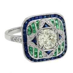 GIA Certified 1.02 Carat Diamond Blue Sapphire Emerald Cocktail Ring