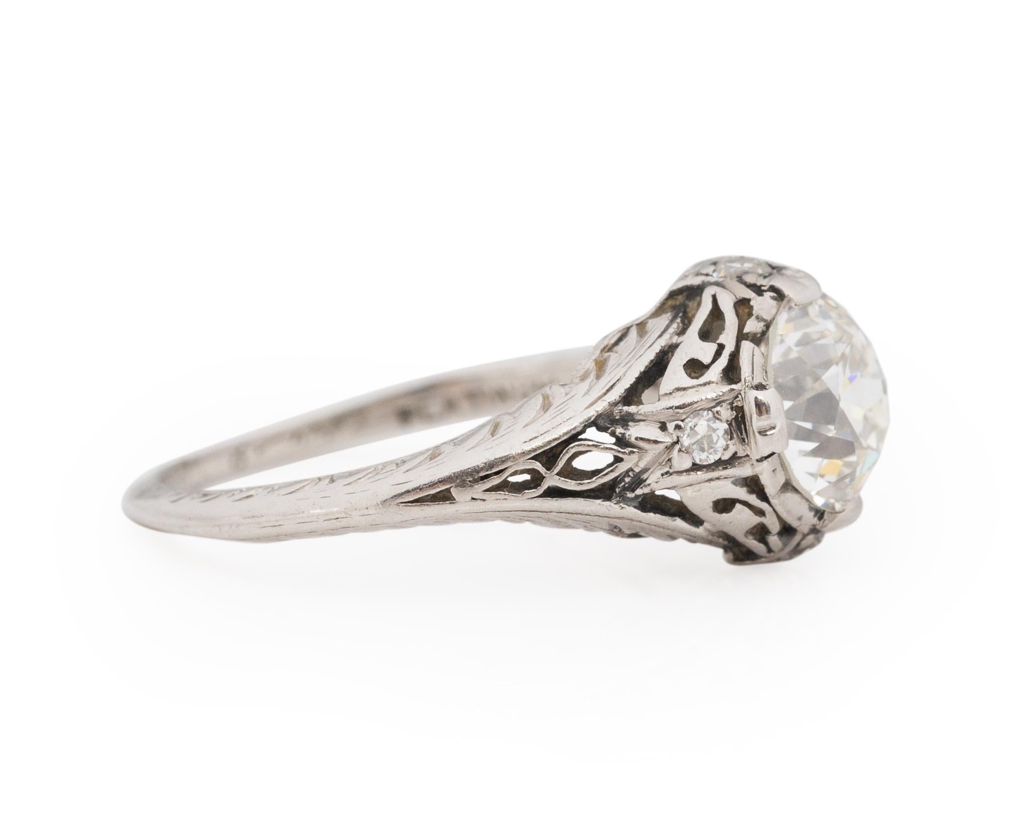Ring Size: 4.5
Metal Type: Platinum [Hallmarked, and Tested]
Weight: 3.4 grams

Center Diamond Details:
GIA REPORT #: 6224139210
Weight: 1.02ct
Cut: Old European brilliant
Color: I
Clarity: SI1
Measurements: 6.30mm x 6.20mm x 4.17mm

Side Stone